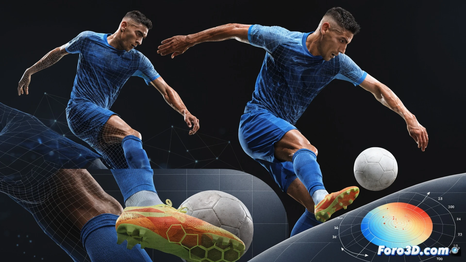 low-angle 3D biomechanical analysis of a football player executing a sharp dribble, low center of gravity with rapid direction change, left foot planted at an acute angle while right leg accelerates forward, motion blur on the ball trailing a glowing vector line, surrounding defenders frozen in anticipation, technical overlay showing joint angles and force arrows on the player's hips and ankles, cinematic engineering visualization, dark stadium background with spotlight, photorealistic render, metallic muscle definition, high-speed action frozen in time