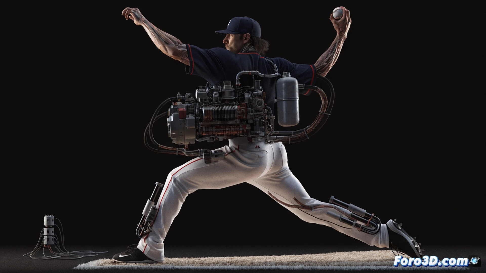 biomechanical analysis of Brydon Carse in bowling motion, high-speed delivery at 145 km/h, powerful front leg drive during explosive stride, muscle fiber strain visible in shoulder and torso, 3D skeletal overlay with joint angle measurements, motion capture markers tracking kinetic chain, engineering-style wireframe grid surrounding athlete, stadium floodlights casting dramatic shadows on pitch, photorealistic sports science visualization, dark background with glowing blue technical lines, ultra-detailed muscle and tendon definition, cinematic slow-motion effect