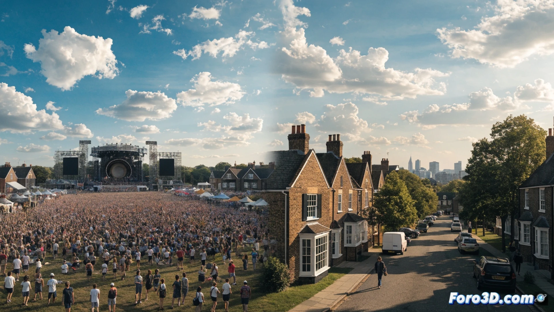 Aerial view of Hyde Park during a large concert, crowd density increasing from 554,991 to 629,991 silhouettes, sound waves radiating from a massive stage towards residential buildings at the park edge, noise pollution visualized as glowing orange concentric rings, nearby houses with windows rattling, traffic congestion with cars and buses stuck on surrounding streets, park maintenance crew working on grass damage, financial cost overlay showing 75 million pounds, cinematic photorealistic visualization, dramatic dusk lighting with stage spotlights, realistic crowd simulation, technical illustration style with acoustic wave patterns and urban infrastructure details