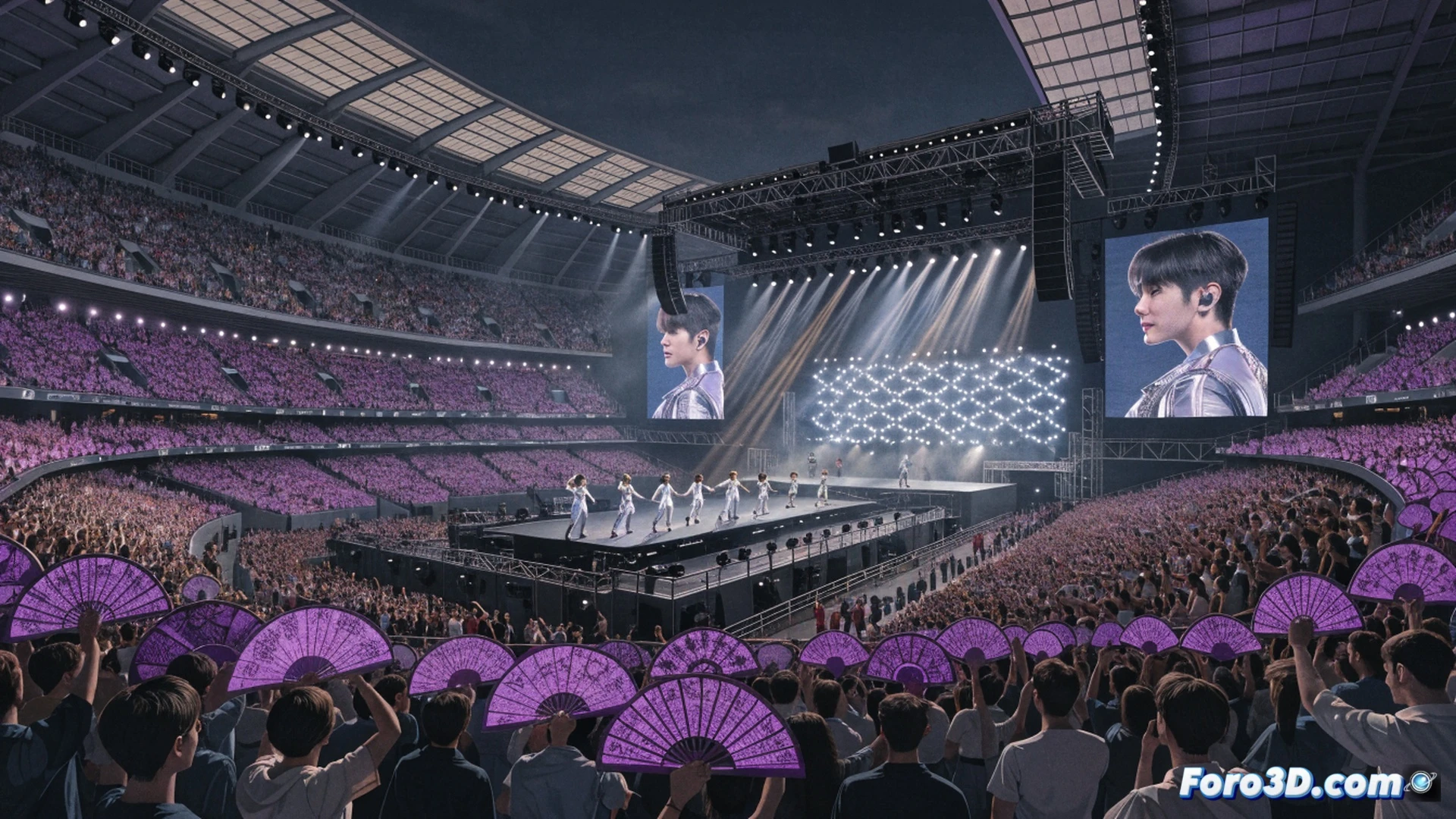K-pop stadium concert scene from aerial perspective, 70,000 fans in Riyadh Air Metropolitano stadium holding synchronized purple hand fans creating a massive wave pattern across the stands, stage with complex LED screen setup and lighting rigs, members of BTS performing with dynamic choreography, purple and magenta stage lights illuminating the crowd, smoke machines and laser beams cutting through the air, fans jumping and waving during peak chorus moment, cinematic wide-angle shot, ultra-detailed crowd textures, dramatic concert lighting, photorealistic event photography style, high contrast between dark stadium and bright stage