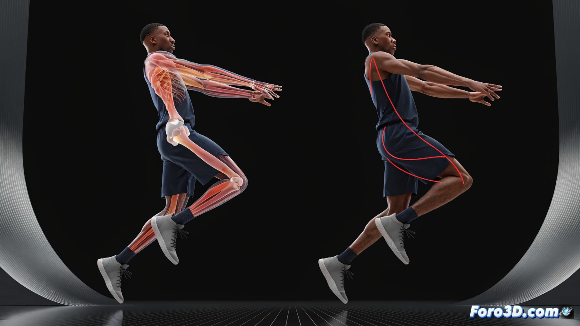 Buddy Hield executing a catch-and-shoot three-pointer, demonstrating high release point and quick trigger motion, feet set in a wide staggered stance after curling off a screen, defensive hand closing out, basketball rotating with visible seam, trajectory arc highlighted with glowing trajectory lines, arena court background with blurred hoop, cinematic basketball analysis style, photorealistic technical render, dramatic game lighting, sweat droplets frozen in motion, dynamic pose showing lower body torque and upper body alignment