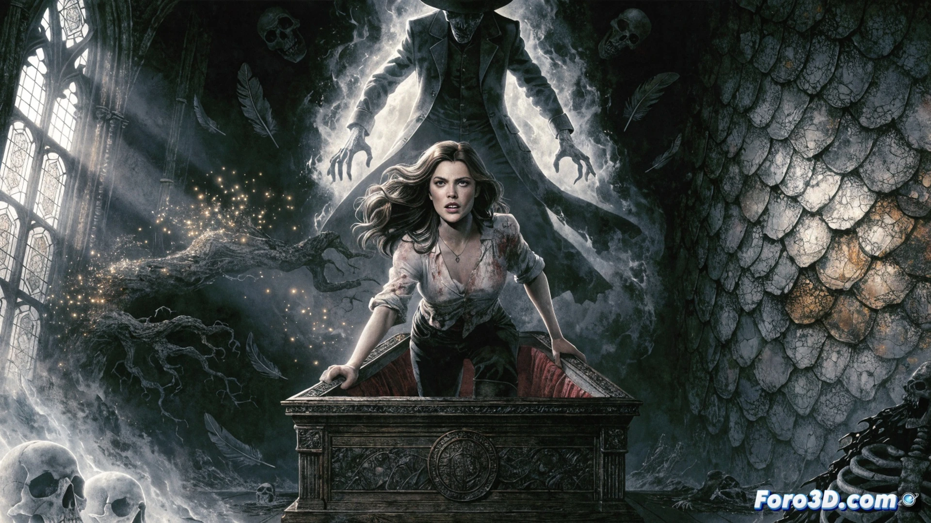 cinematic scene of Buffy holding a wooden stake while standing on a comic book panel grid, pages flipping open revealing Angel and new characters, sketchbook and ink bottles nearby, digital tablet showing Dynamite Entertainment logo, glowing dust particles rising from a broken vampire statue, dramatic side lighting, dark atmospheric room with warm amber highlights, photorealistic illustration style, detailed comic art tools scattered on desk, action pose mid-swing, dynamic motion blur on cape, ultra-detailed textures on paper and ink, realistic shadow gradients