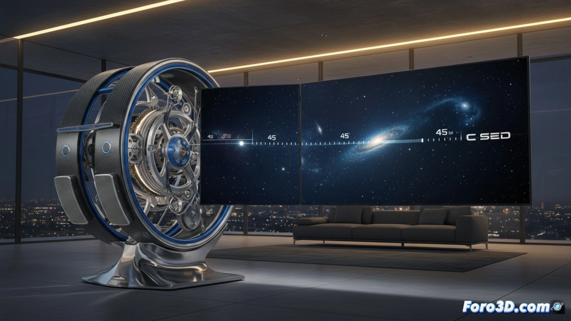 Ultra-luxury foldable TV in a minimalist high-tech room, 137-inch screen rising from a carbon fiber base, unfolding mechanism in action during the 45-second deployment process, robotic arms extending the display panels, fiber weave texture on the chassis, Wisdom audio grilles visible on the sides, cinematic engineering visualization, dramatic low-angle spotlight, reflective black surface, polished metal hinges, photorealistic architectural render, premium ambient lighting, dust particles floating in the air, ultra-detailed mechanical joints, futuristic interior design