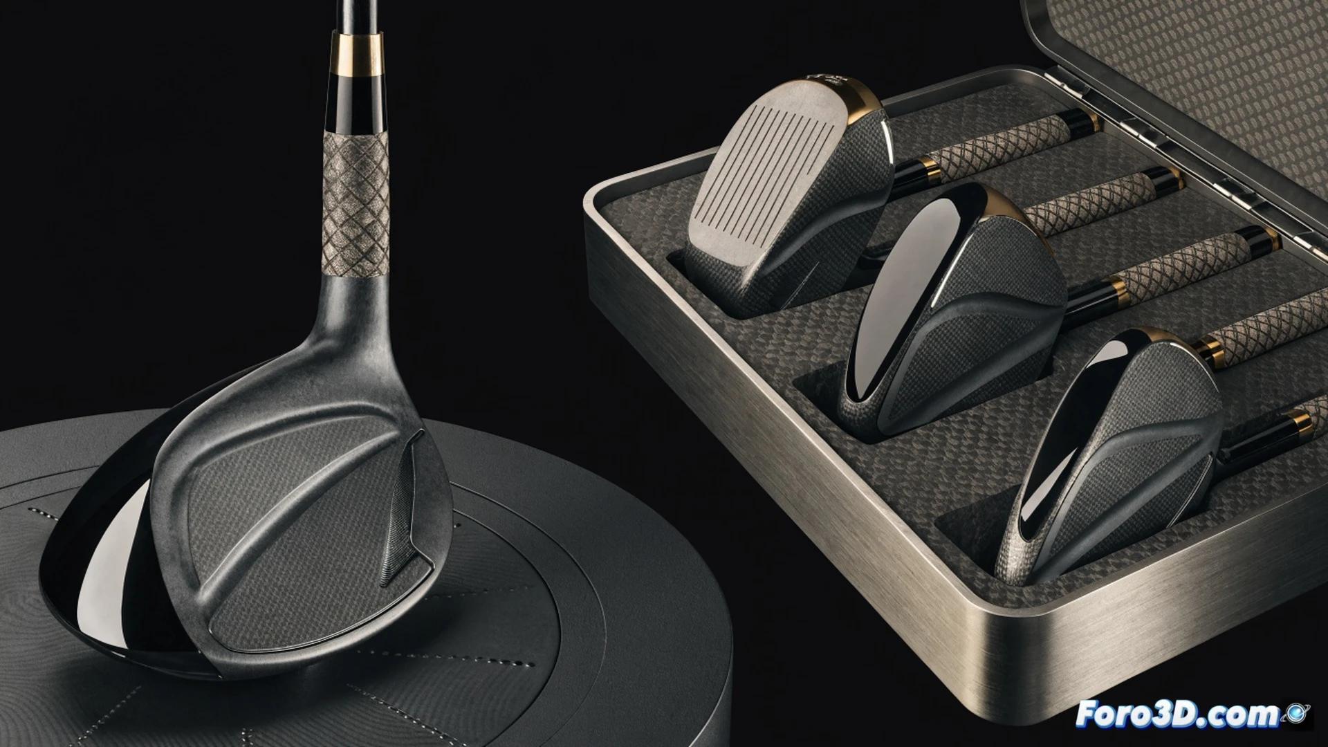 Luxury golf club manufacturing process, carbon fiber shafts being precision-machined by robotic arms in a cleanroom, titanium clubheads with Bugatti-inspired blue carbon weave pattern, Honma gold plating application on clubface grooves, limited edition serial number engraving laser etching action, assembly line with only 20 numbered units, photorealistic technical illustration, hyper-detailed metallic reflections, dramatic spotlight highlighting the 75k euro value, engineering visualization style, ultra-smooth surfaces, mechanical precision tools visible during production