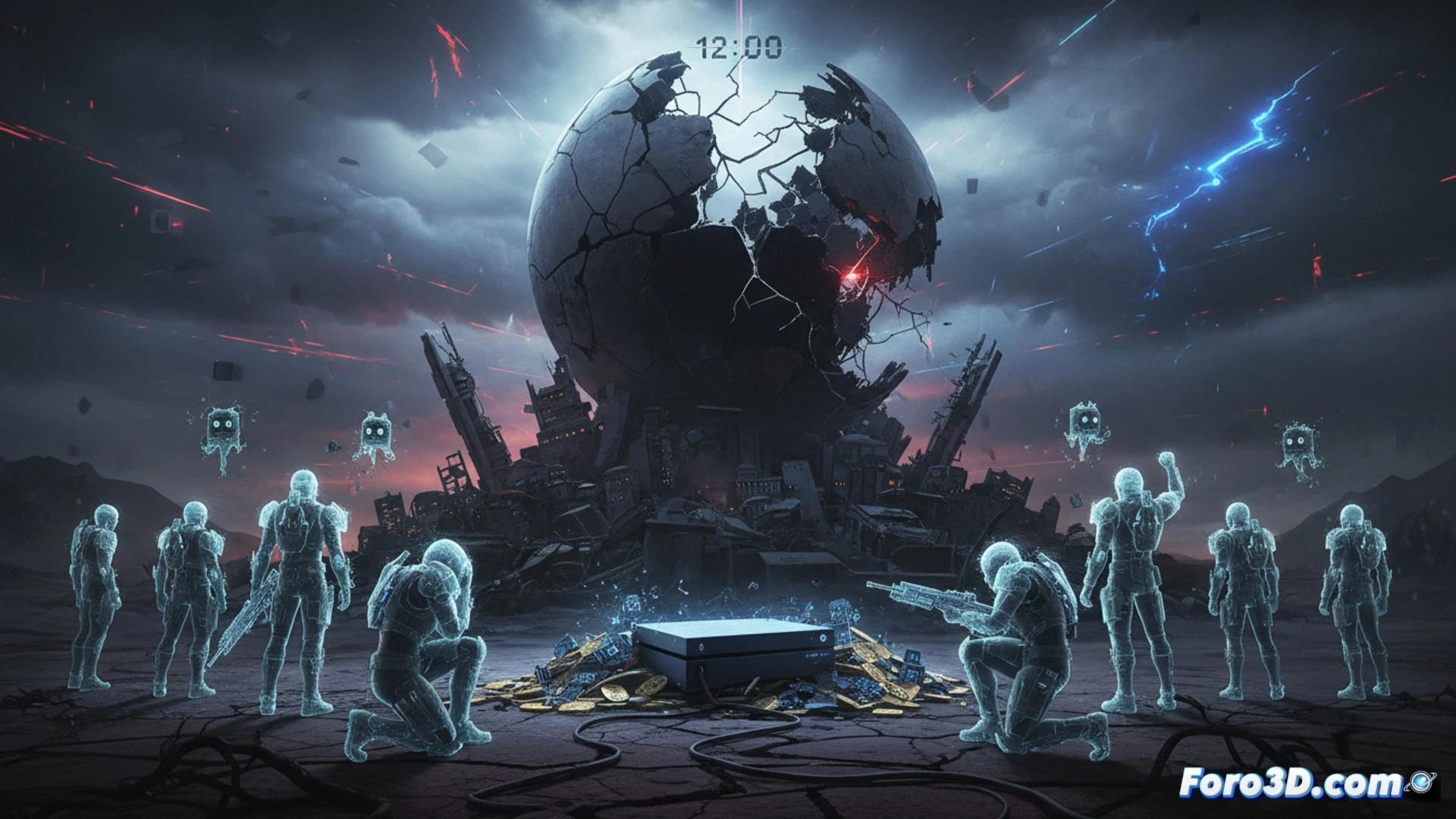 Destiny 2 server rack being unplugged, cables dangling mid-disconnect, glowing holographic ghost shattering into digital fragments, empty guardian armor slumped against a cooling server tower, financial reports pinned to a corkboard showing red declining graphs, Bungie logo flickering on a monitor displaying error code, abandoned gaming chair in foreground, cinematic photorealistic technical illustration, dramatic shadows from emergency exit light, dust particles floating in cold blue server room atmosphere, ultra-detailed metal and plastic textures, melancholic end-of-service mood lighting