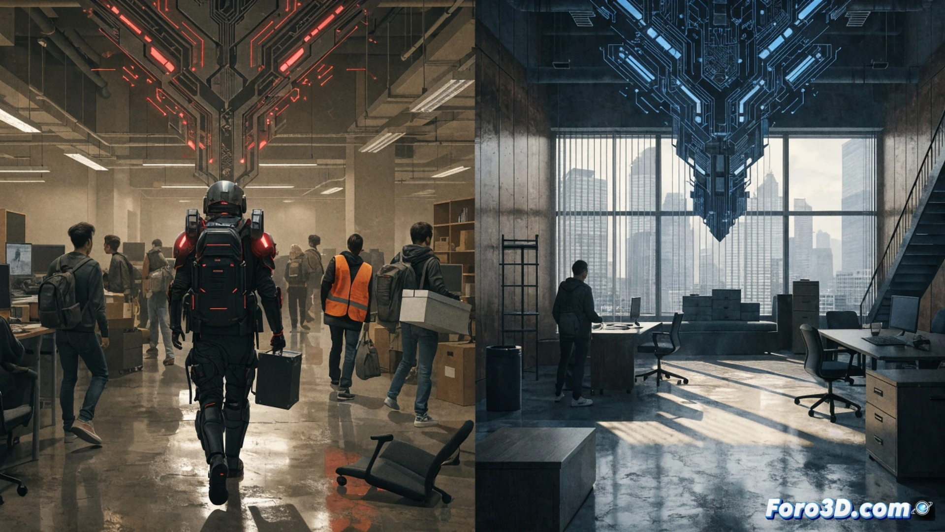 Bungie studio office interior during layoffs, multiple empty desks with monitors displaying Destiny 2 login screens, a box of personal items being packed by a departing employee, scattered game development documents and concept art of characters on a table, dark ambient lighting with blue screen glow, cinematic photorealistic technical illustration, dramatic shadows, abandoned workstation showing an open game engine interface, blurred background figures walking away, ultra-detailed office environment, tense atmosphere, high-resolution 3D render