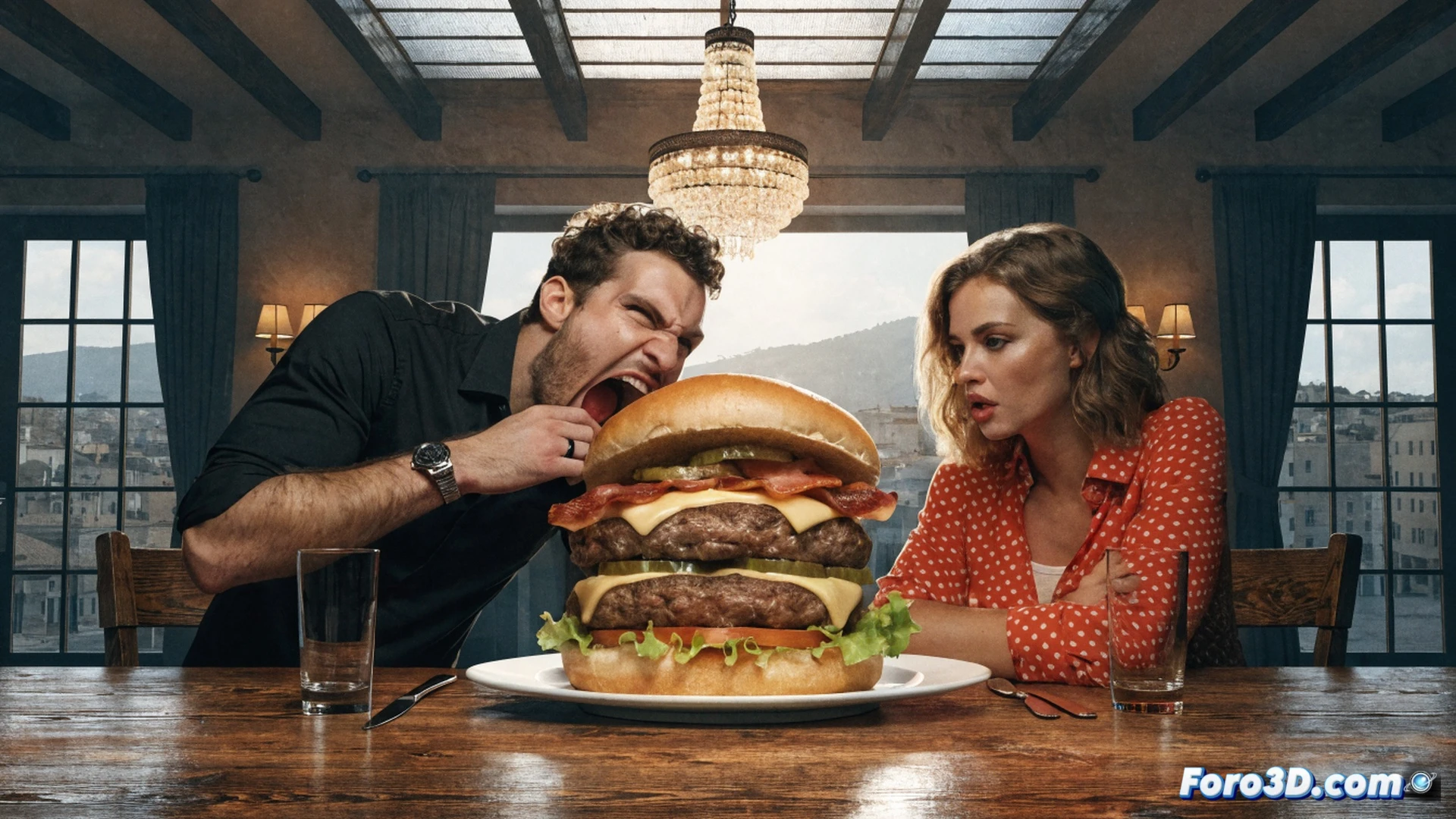 photorealistic scene of a massive two-kilogram burger challenge at a summer beach restaurant, a pair of hands gripping the oversized burger with thick patty and melted cheese dripping, a digital timer on the table showing elapsed minutes, a large plate with scale markings next to the burger, a chef in apron observing while wiping hands, outdoor terrace with beach umbrellas and sea in background, dramatic sunlight casting long shadows, scattered napkins and soda glass, cinematic food-challenge composition, hyper-detailed meat texture and bun gloss, action during the eating process, technical food photography style