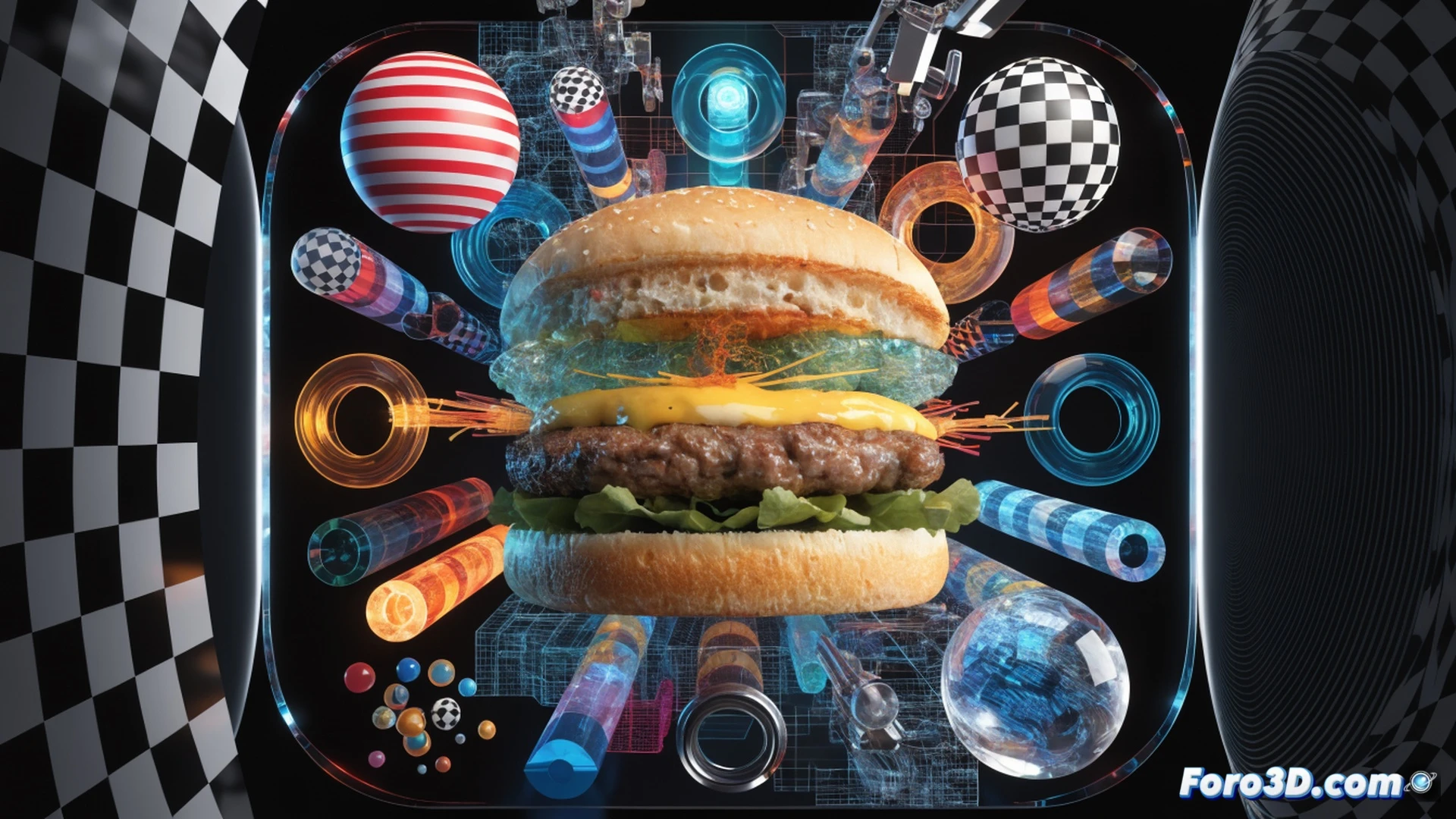 A futuristic kitchen lab scene showing BurgerAI system in action, a robotic arm precisely layering plant-based patty, lettuce, and sauce onto a bun while holographic data streams display ingredient nutrition stats and carbon footprint metrics around the burger, glowing nodes connecting millions of recipe combinations on a transparent touchscreen interface, steam rising from the sizzling patty, cinematic engineering visualization, photorealistic technical illustration, cool blue and warm orange lighting, ultra-detailed mechanical components and food textures, dynamic motion blur on the robotic arm