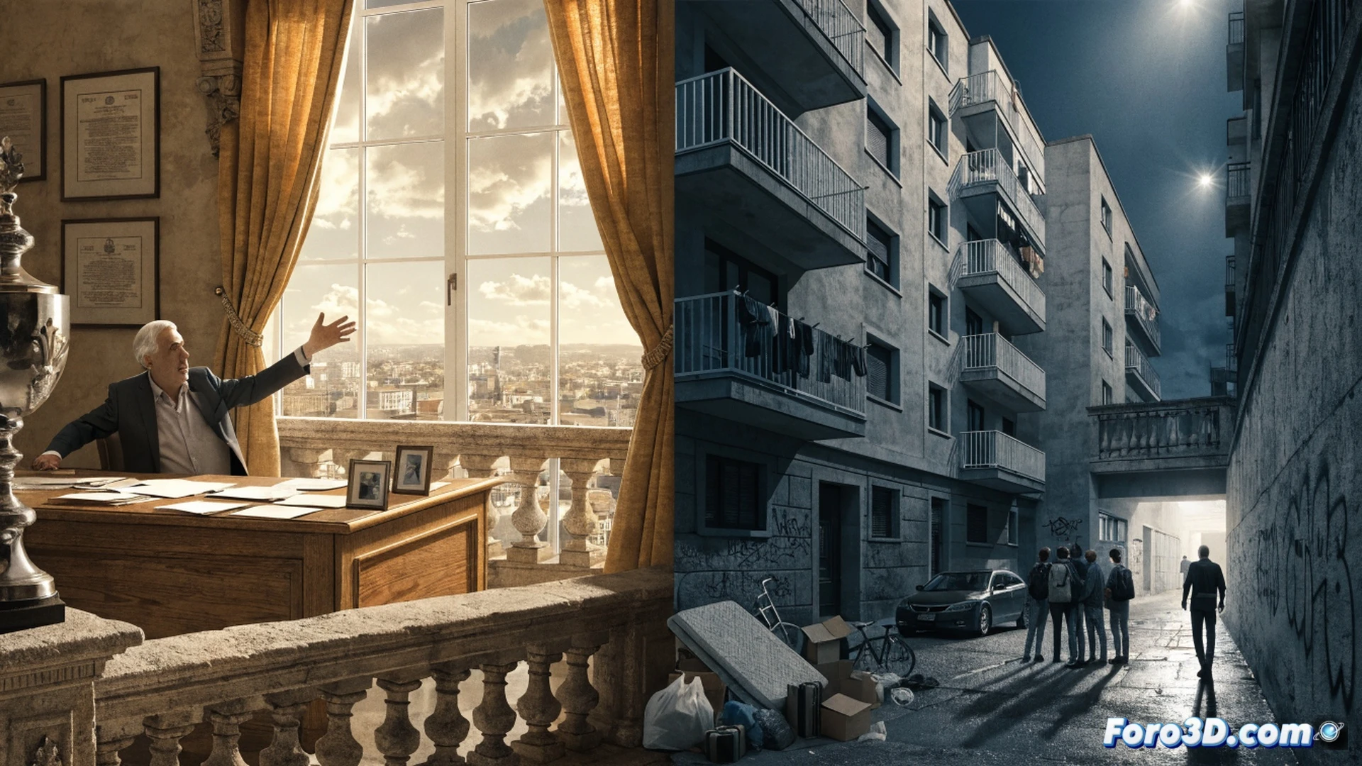 municipal building facade with a mayor pointing angrily at a distant skyscraper labeled buitre fund, while at his feet a stack of unpassed legal documents and a broken hammer lie unused, a family being evicted in the background, empty municipal land plot with no construction, photorealistic architectural visualization, dramatic overcast sky, harsh shadows, cracked pavement, visible tension between gesture and inaction, cinematic wide-angle shot, ultra-detailed textures, technical illustration style