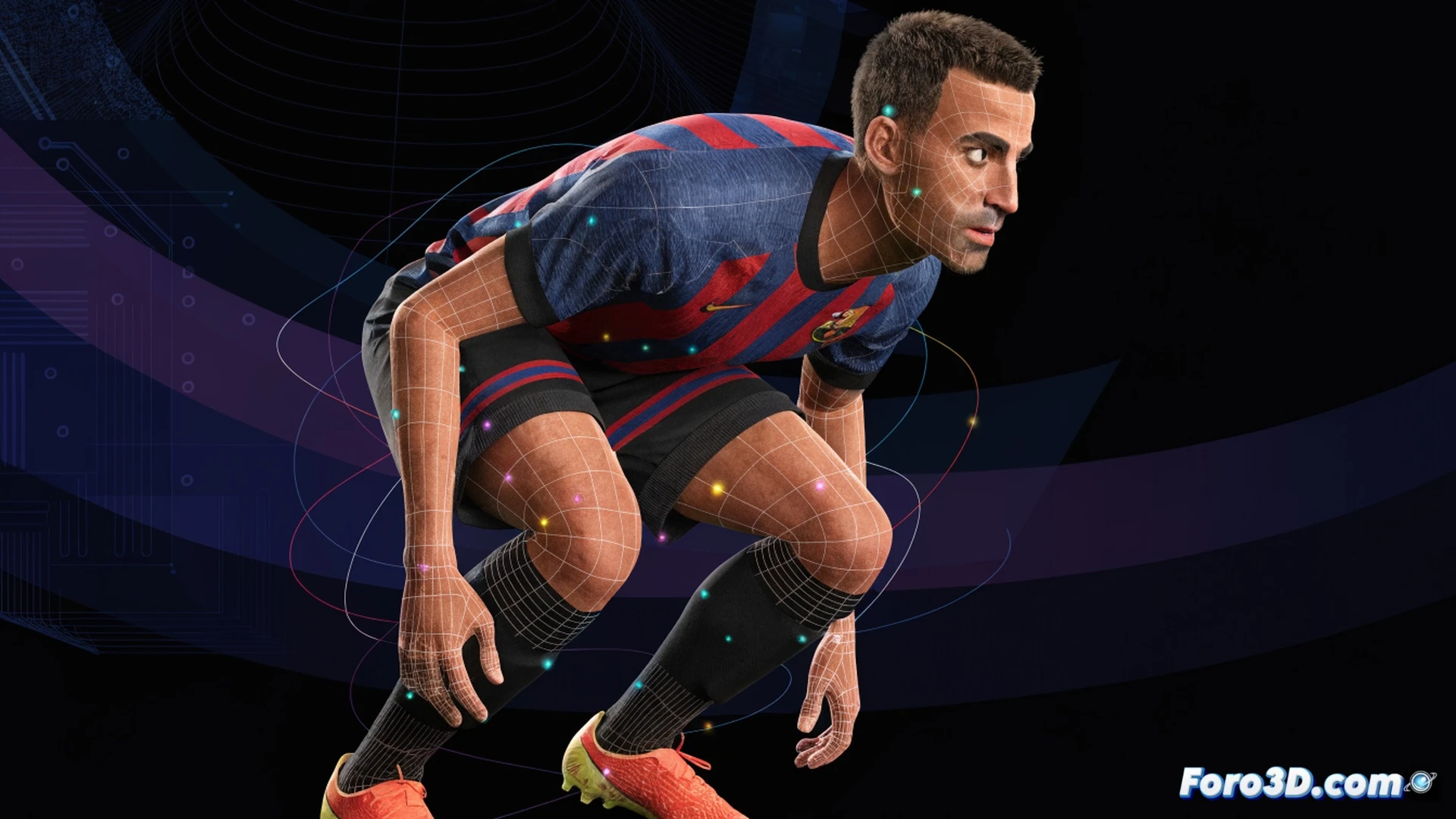 Sergio Busquets en acción durante un partido, girando el cuerpo para recibir un pase mientras tres rivales lo presionan sin éxito, mostrando su lectura del espacio y tiempo, estadio lleno borroso al fondo, campo verde con líneas de movimiento trazadas en cian y naranja simulando análisis táctico 3D, superposición de diagramas de posicionamiento y vectores de presión, iluminación dramática de estadio nocturno, estilo cinematic technical visualization, textura realista de césped y equipación, render fotorealista con profundidad de campo.