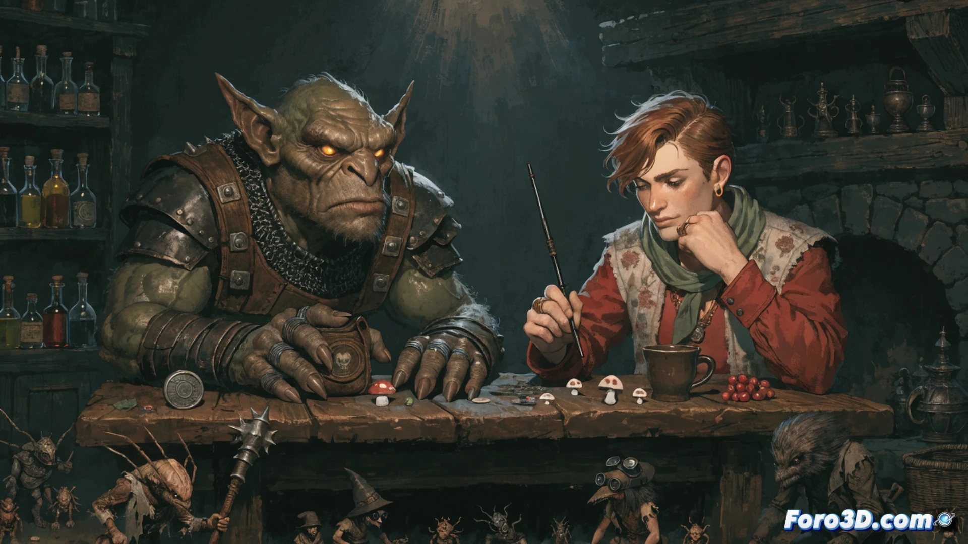 miniature game board scene showing two new character miniatures fighting small bug enemies in a tavern setting, a folded rulebook and dice next to a tiny pub counter with spilled glowing potions, action pose of a rogue character dodging a spider while a warrior swings a sword, portable game box open on a wooden table, compact components scattered, warm pub lighting with lanterns, cinematic tabletop photography style, photorealistic miniature detail, shallow depth of field focusing on the combat action