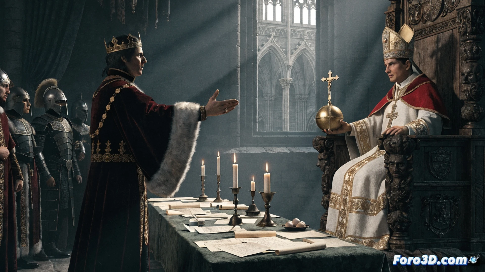 medieval stone cathedral interior, pope in white papal robes seated on ornate throne, holographic theological debate interface floating in mid-air, crown and papal tiara hovering on balance scales, digital map of europe with glowing religious borders, Crusader Kings 3 UI elements fading into stained glass windows, dramatic chiaroscuro lighting from rose window, illuminated manuscripts scattered on marble floor, golden smoke swirling around throne, ultra-detailed stone textures, photorealistic architectural render, cinematic composition, wide-angle lens, deep shadows, divine light beams piercing through vaulted ceiling