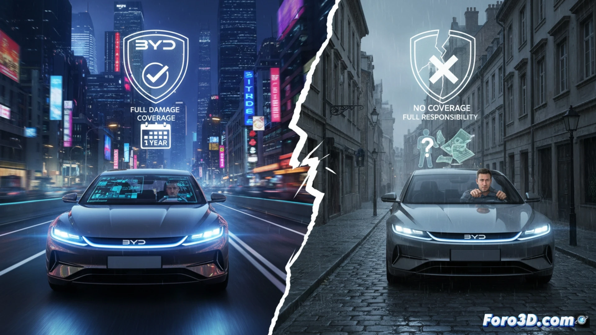 BYD electric sedan driving autonomously on a Chinese highway at night, Gods Eye sensor array glowing blue on windshield, front bumper crumpling during a simulated collision with a concrete barrier, microscopic insurance document icon dissolving into the crash impact zone, European road sign fading away in background, cinematic engineering visualization, photorealistic metallic body panels, dramatic orange sparks from friction, data stream visualizations around the vehicle, ultra-detailed suspension and sensor components, high-contrast industrial lighting