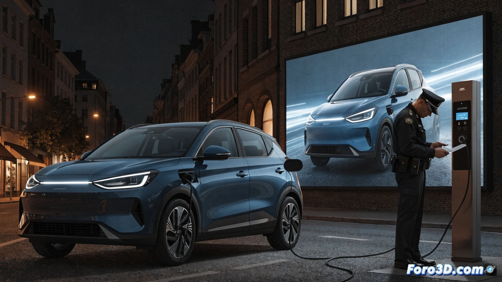 BYD electric SUV Atto 3 Evo at a public charging station, charging cable connected but speed gauge showing slower-than-claimed rate, a judicial gavel resting on a technical document beside the vehicle, courtroom legal seal watermark on the screen, photorealistic engineering visualization, dramatic lighting casting shadows, metallic body reflecting ambient city lights, cable tension showing active connection, dashboard display indicating partial battery charge, realistic industrial setting, technical illustration style