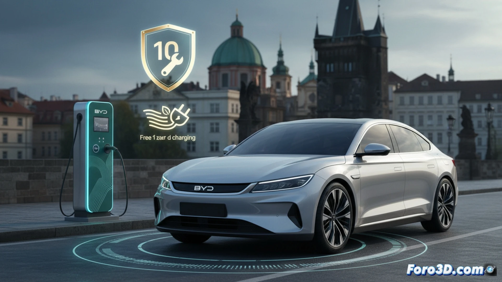 BYD electric car on a Czech service lift, mechanic scanning battery diagnostics on a tablet while five inspection stamps appear in a timeline hologram above the hood, 150000 km odometer glowing on dashboard, first-year charging cable with a zero-cost badge attached, excluded wear parts like brake pads and wipers fading in red outline, photorealistic technical illustration, bright showroom lighting, clean metallic workshop floor, ultra-detailed mechanical components, cinematic engineering visualization
