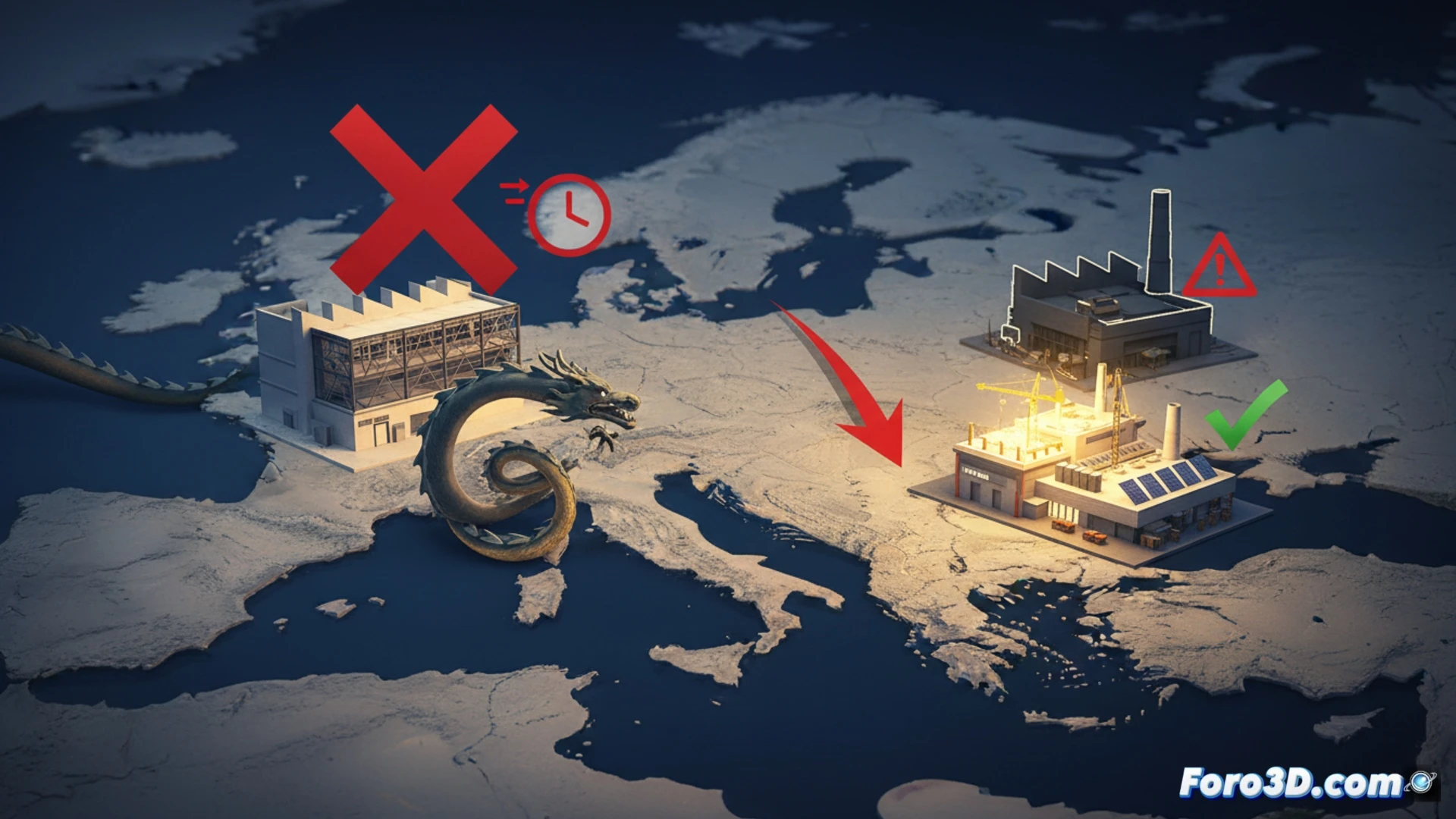 aerial view of an unfinished BYD electric vehicle factory in Hungary, construction halted with idle cranes and bare concrete foundations, a second factory site in Turkey shown as an empty plot with survey markers, while a glowing digital map of Spain highlights a new potential location, engineering blueprints and CAD models floating above the scene, cinematic technical illustration, photorealistic industrial lighting, muted grey and blue tones, heavy overcast sky, eerie stillness contrasting with active data streams on holographic screens, ultra-detailed construction equipment and unfinished assembly lines