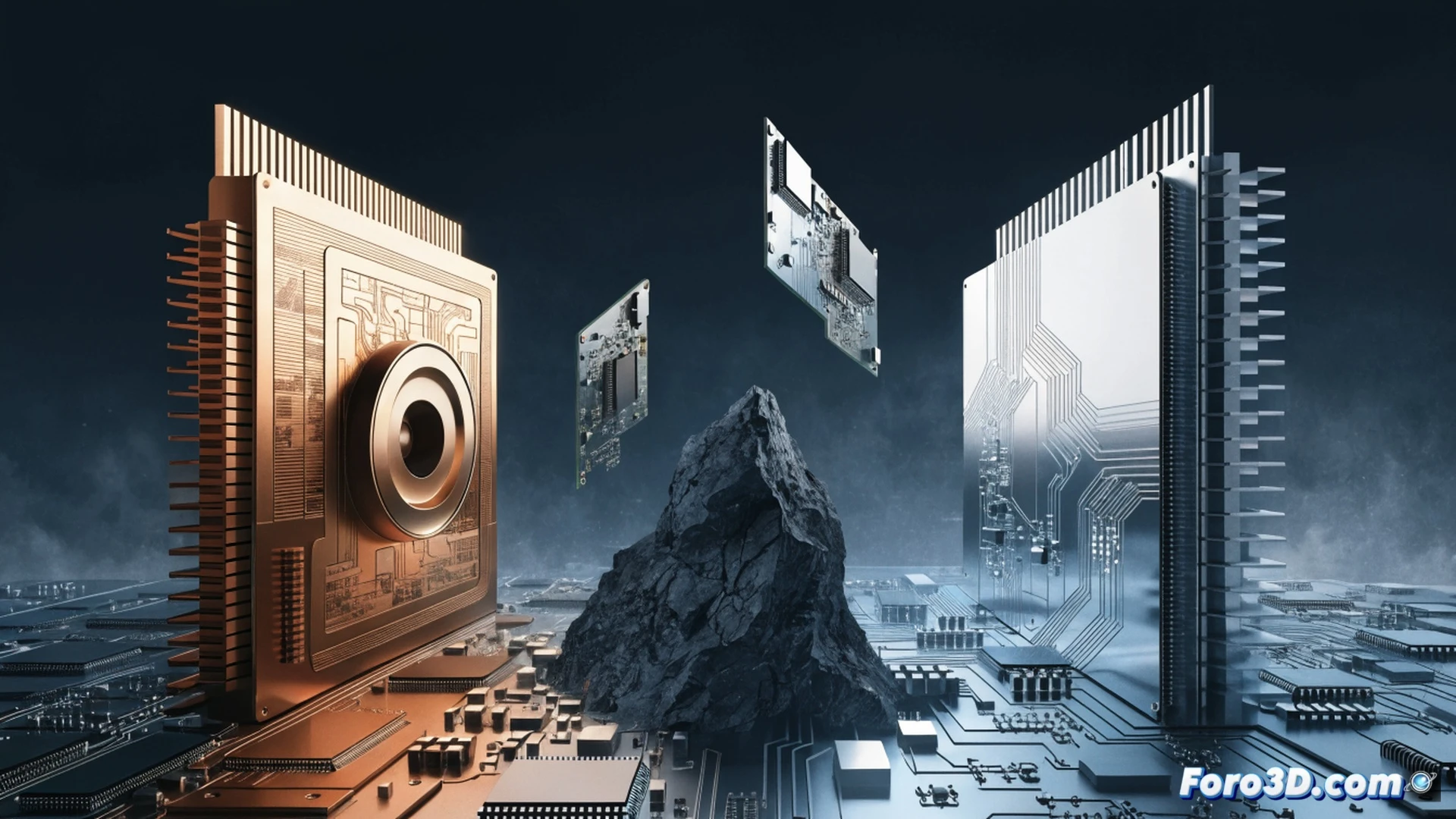 ByteDance engineers assembling a custom server motherboard, robotic arms placing prototype chips into empty CPU sockets, glowing circuit traces on a bare silicon wafer, Intel and AMD processors discarded in a recycling bin nearby, cinematic tech illustration, cold blue industrial lighting, metallic surfaces reflecting holographic data streams, engineering visualization style, photorealistic detail, macro lens focus on chip pins and solder balls