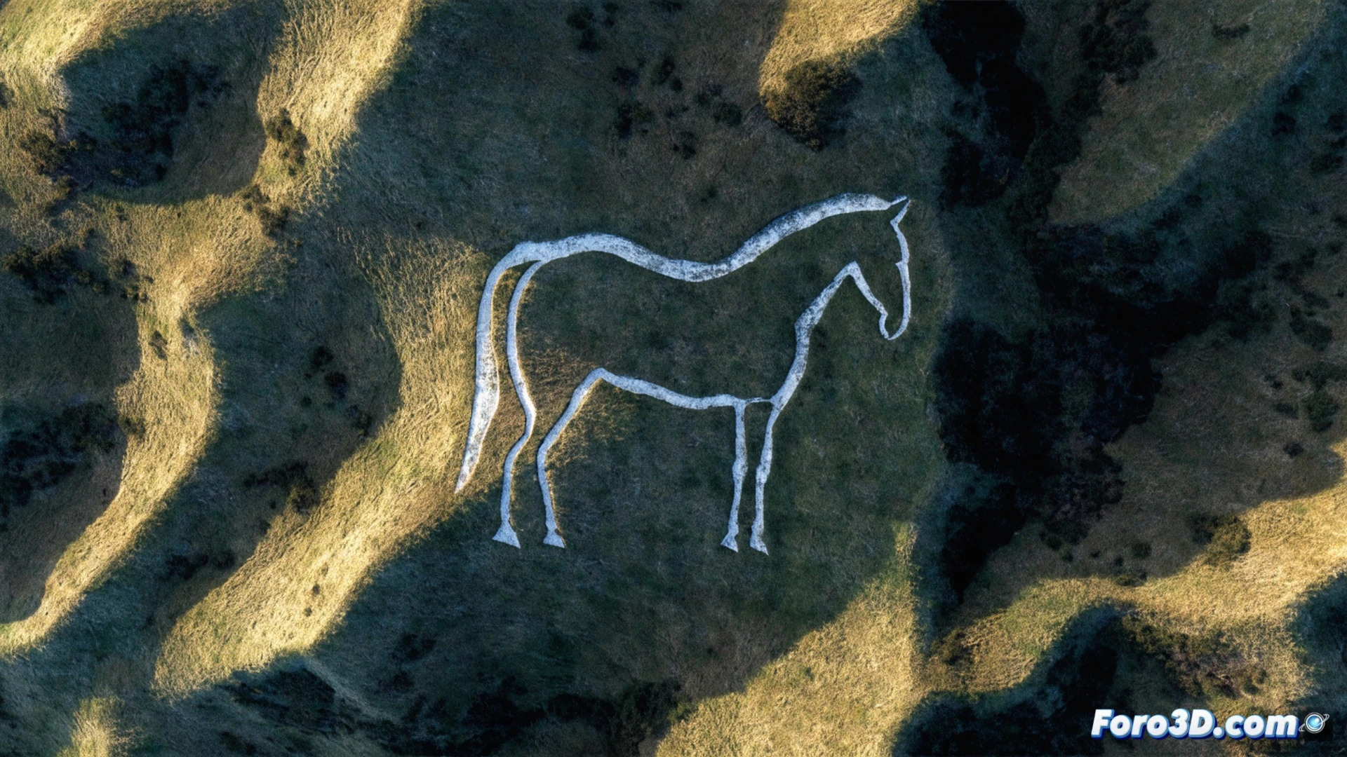 Aerial view of an ancient chalk horse figure carved into a grassy English hillside, measuring 110 meters long, minimalistic elongated shape clearly visible from above, while a prehistoric creator stands on the ground below holding a wooden digging tool, unable to see the full design, cinematic archaeological visualization, soft golden sunset light casting long shadows across the white chalk trenches, photorealistic landscape render, dramatic depth of field, misty valley in background, ultra-detailed grass texture, historical reconstruction style