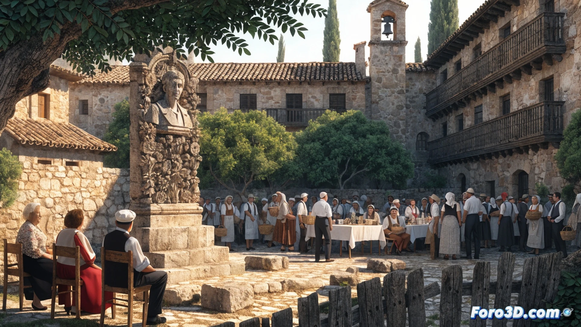 Vecinos de Cabanillas reunidos en una plaza rural durante el tercer memorial vecinal, sosteniendo herramientas de jardinería y colocando flores alrededor de un banco conmemorativo de madera, mientras un proyector digital muestra retratos históricos sobre un muro de piedra, demostrando acción comunitaria y legado local, estilo cinematográfico fotorrealista con iluminación cálida de atardecer, texturas detalladas de adoquines y vegetación, profundidad de campo suave.