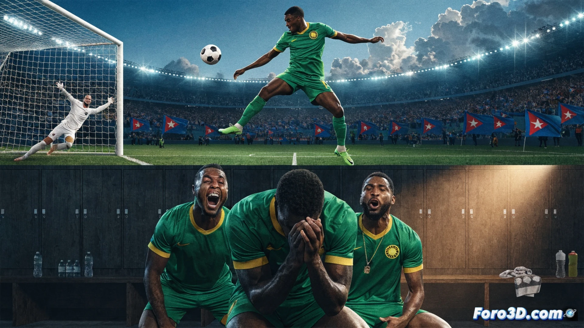 African football stadium at night, Cape Verde players celebrating on the pitch after final whistle, digital scoreboard showing Group B standings with Spain and Cape Verde advancing, Saudi Arabia players walking off dejected, photorealistic engineering visualization, stadium floodlights creating dramatic shadows, grass texture with cleat marks, players mid-jump with arms raised, dynamic crowd motion blur in stands, holographic FIFA World Cup graphic floating above field, cinematic sports broadcast lighting, ultra-detailed player expressions, technical sports photography style