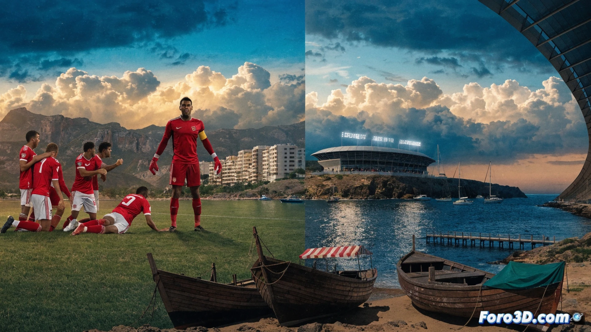 small island nation football team celebrating on a rainy pitch, players in blue and white jerseys embracing near the penalty area, goalkeeper diving mid-air to save a powerful shot, stadium floodlights casting long shadows on wet grass, opposing players in red kits looking dejected, volcanic rock formations visible in background, cinematic photorealistic style, dramatic clouds parting to reveal sunbeams, motion blur on ball trajectory, sweat droplets frozen in action, ultra-detailed fabric textures, emotional crowd silhouettes waving flags, high-contrast dynamic lighting, technical sports photography aesthetic