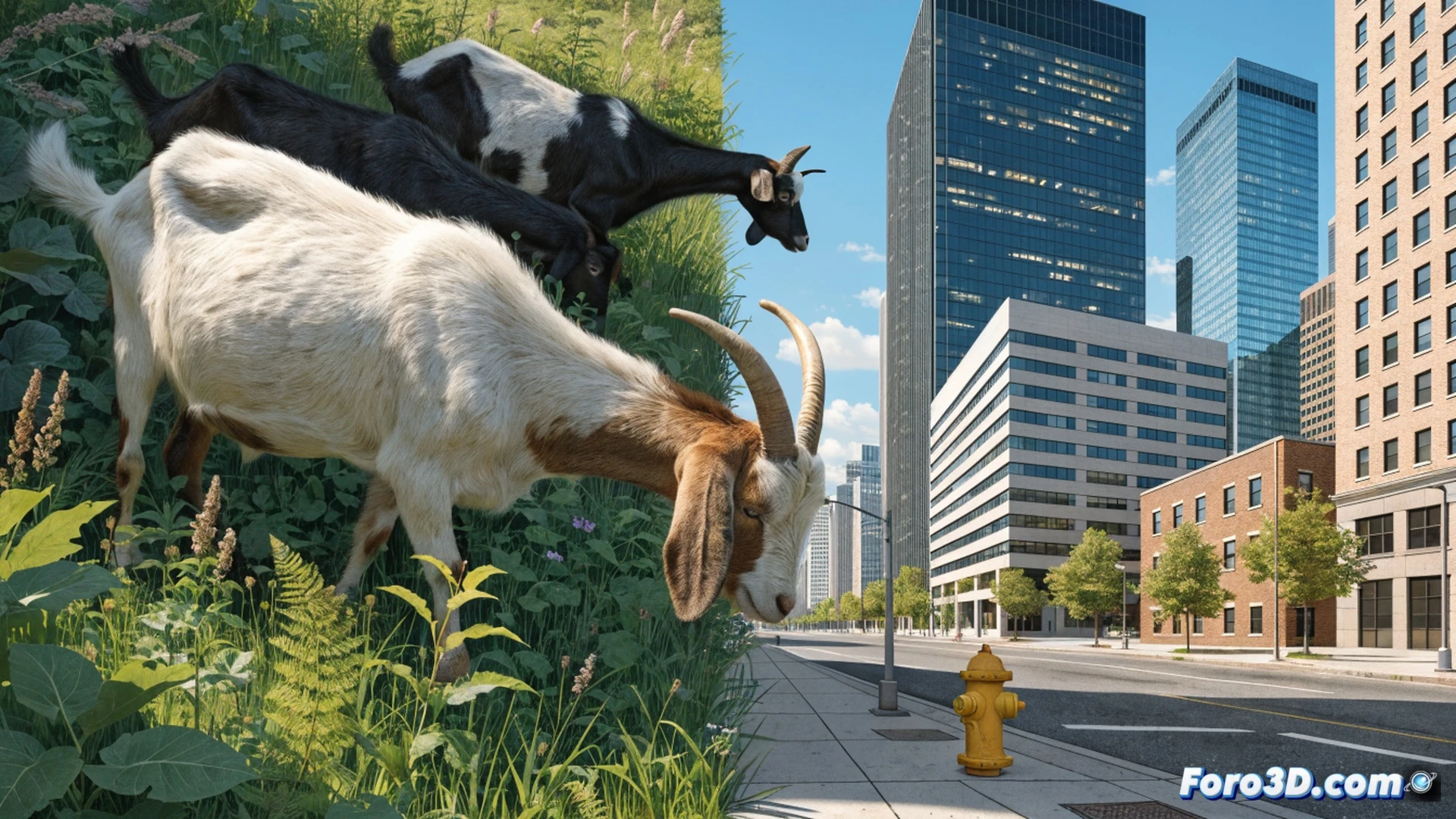 kansas city park slope during weed control operation, goats actively grazing on invasive plants near a stormwater drain, municipal workers in safety vests observing while holding tablet devices showing GPS mapping of treated areas, herbicide spray bottles discarded and unused on the ground, green vegetation contrasting with dry patches, urban skyline visible in background, cinematic documentary style, natural sunlight with soft shadows, detailed goat fur textures and plant species visible, photorealistic environmental management scene