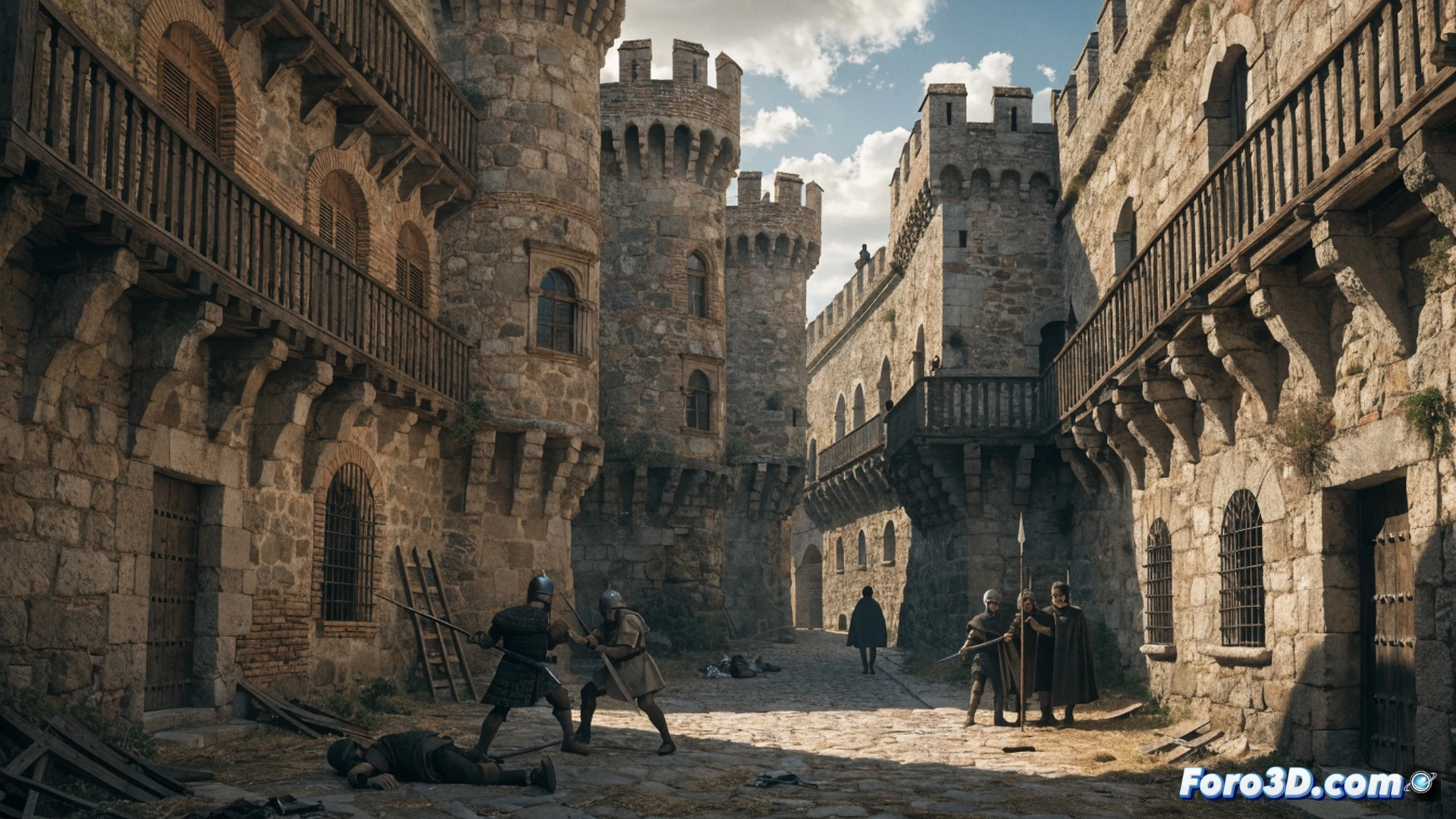 medieval stone street of Cáceres during a noble feud, two rival knights in armor fighting with swords on a narrow cobblestone lane, crossbow bolts flying between fortified house towers with battlements and arrow slits, a terrified civilian pressing against a wooden door while avoiding the clash, torches casting flickering orange light on rough granite walls, dust and smoke rising from a fallen roof tile, dramatic cinematic lighting with deep shadows, photorealistic historical reconstruction, ultra-detailed stone textures and metal reflections, high-contrast medieval battle atmosphere