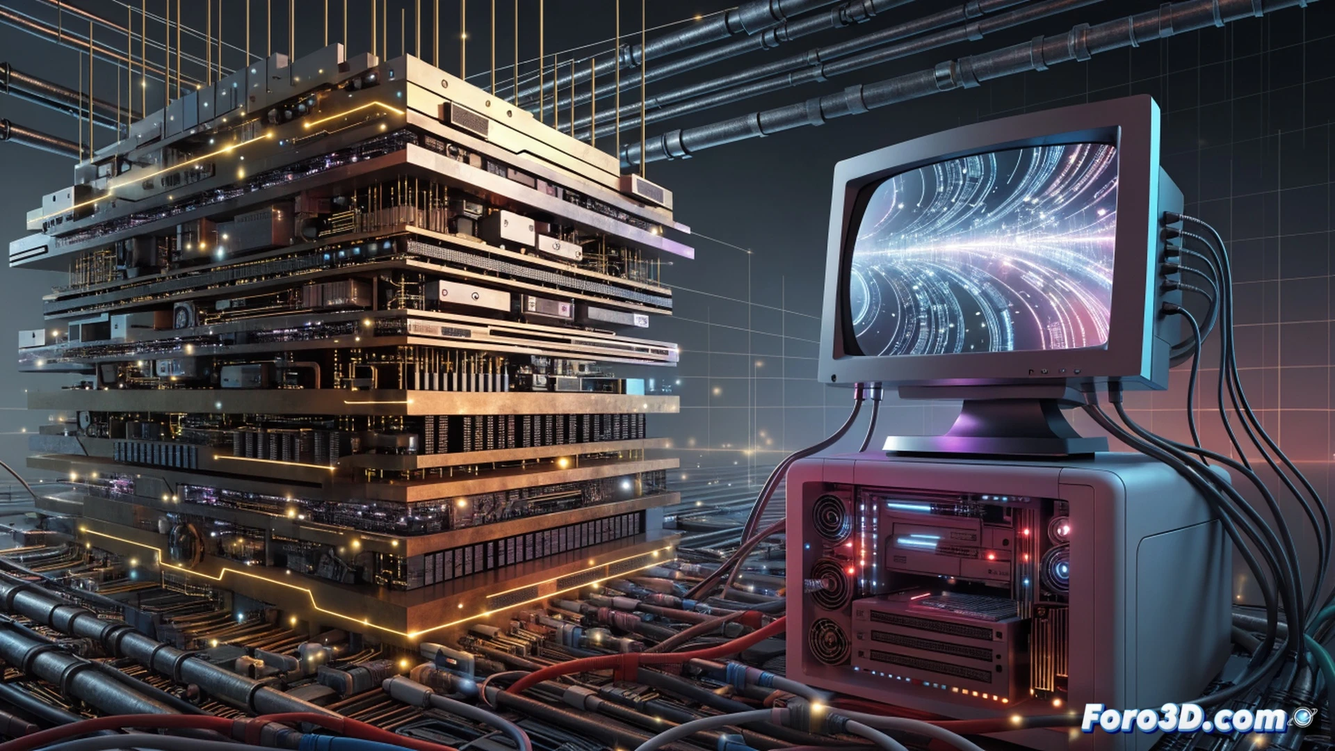 desktop computer case with side panel removed, CPU cooler fan spinning rapidly while heat pipes glow orange under load, RAM modules with activity LEDs pulsing, SSD and HDD connected via SATA cables, system monitor overlay showing CPU usage spike and temperature drop, dust particles being blown away from heatsink fins, technical illustration style, focused lighting on motherboard chipset, blue and orange color contrast between cool and hot components, sharp details on circuit traces and capacitors, photorealistic electronics render