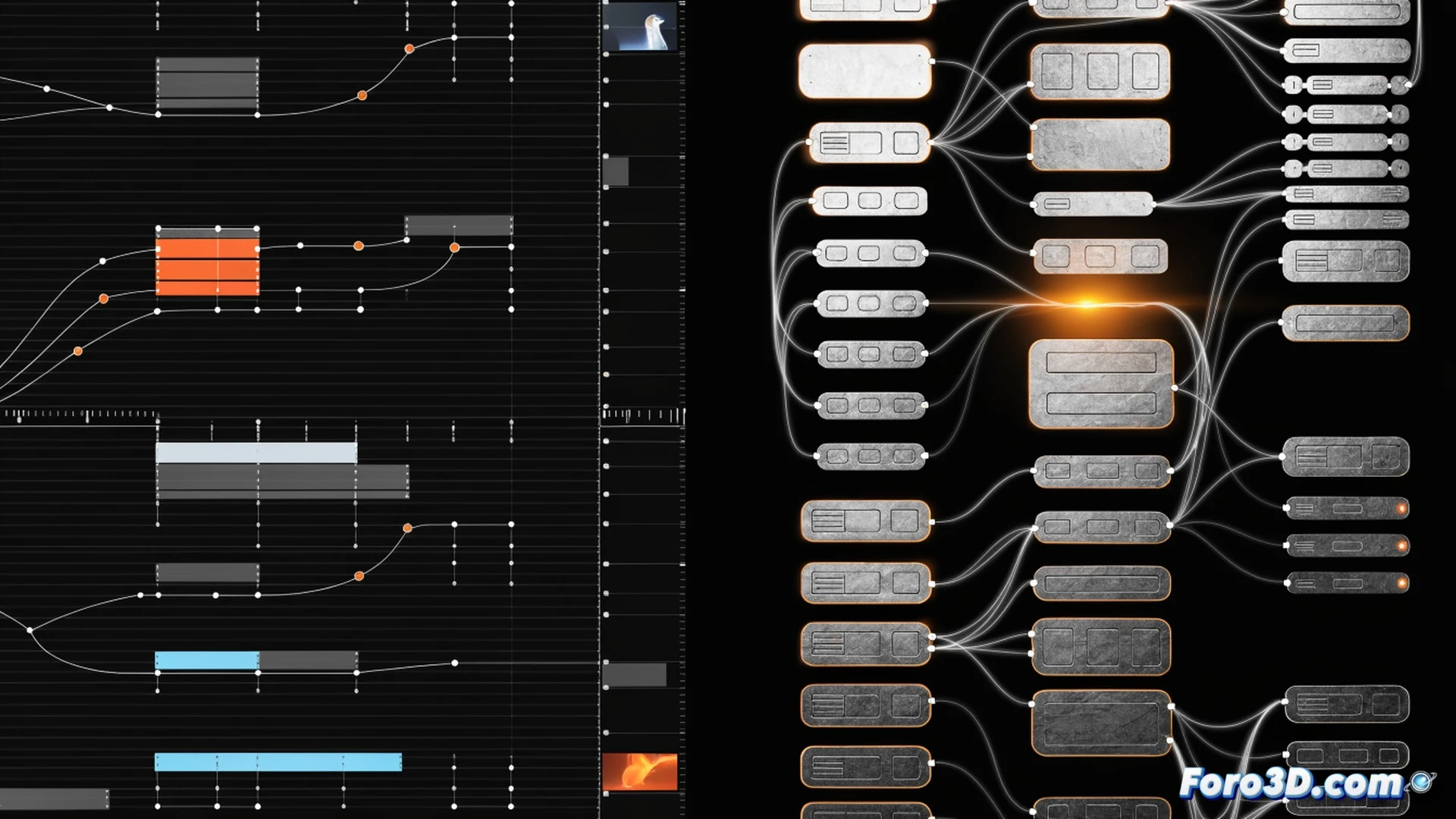 Cinematic technical illustration showing a digital artist workspace with dual monitors, left screen displaying a node-based compositing interface with interconnected glowing nodes, right screen showing a video timeline with animated keyframes and motion paths, hand moving a stylus across a graphics tablet while adjusting a layer effect node, software interface elements like bezier curves, color correction nodes, and particle generators visible, dark UI theme with blue and orange accent highlights, photorealistic render style, dramatic side lighting from monitor glow, mechanical keyboard and editing deck on desk, ergonomic workflow setup, ultra-detailed screen reflections, professional motion graphics studio atmosphere