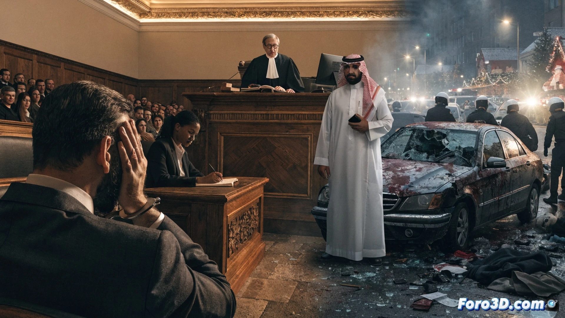 Photorealistic cinematic scene of a smashed silver sedan embedded in a wooden Christmas market stall, shattered glass and twisted metal scattered across cobblestones, emergency responders in reflective vests rushing toward wreckage while red and blue police lights flash against falling snow, forensic investigators in white suits documenting debris and tire marks on the icy pavement, a gavel and legal documents faintly superimposed in the background sky, cold winter atmosphere, dramatic chiaroscuro lighting, ultra-detailed textures of broken wood and crushed metal, technical crime scene visualization