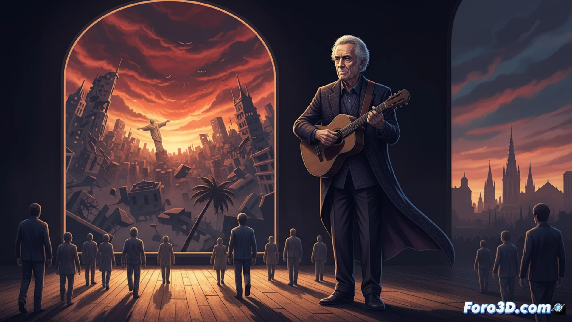 Caetano Veloso sentado em um banco de madeira gasto, palco vazio de teatro madrilenho, luz azul fria de refletores industriais, violão clássico apoiado no chão, mão envelhecida tocando cordas soltas, partitura amarelada sendo rasgada lentamente pela outra mão, mapa do Brasil desbotado projetado no fundo, microfone vintage desligado com cabo enrolado, expressão de cansaço profundo no rosto, sombras longas cruzando o chão de tábuas, estilo cinematográfico melancólico, textura granulada de filme 35mm, iluminação dramática low-key, atmosfera de despedida definitiva, photorealistic technical render