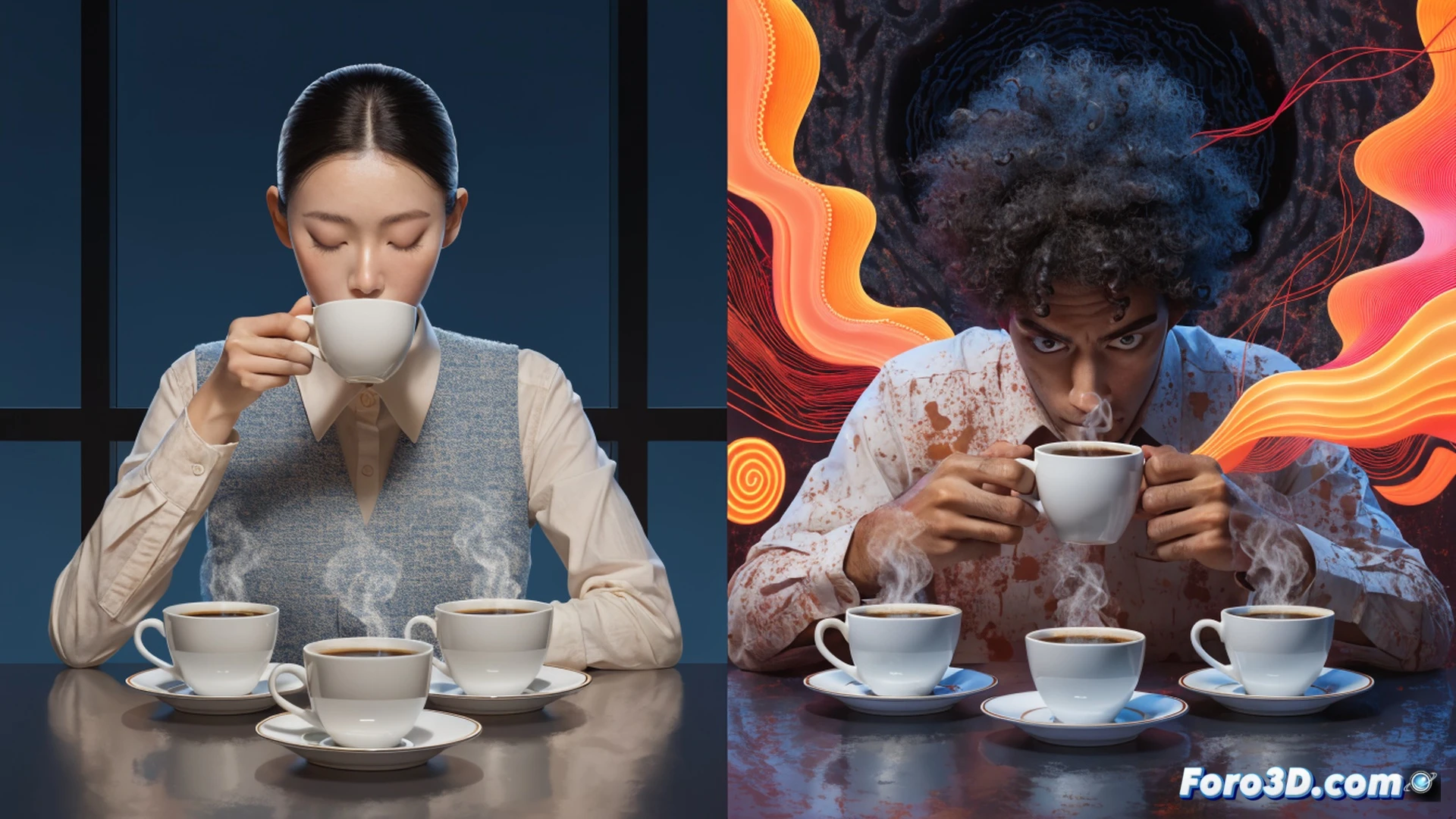 Photorealistic technical illustration of a human hand holding a coffee cup with four visible cups on a wooden table, fifth cup slightly out of frame suggesting excess, brain MRI scan overlay showing hyperactive amygdala region in orange, stomach cross-section with mild inflammation indicators, sleep cycle graph showing disrupted REM phase, cinematic lighting with warm amber tones contrasting cool blue shadows, medical equipment monitors displaying anxiety and heart rate spikes, realistic clinical visualization style, ultra-detailed textures on ceramic cups and anatomical structures