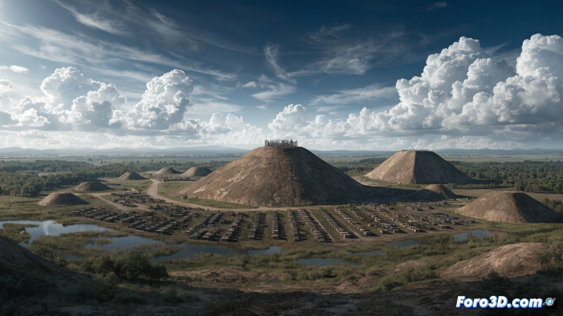 cinematic aerial view of Cahokia's Monks Mound at sunset, archaeologists using ground-penetrating radar equipment scanning the earth, glowing subsurface anomalies revealing wooden post circles and buried structures, workers excavating a trench with trowels and brushes, wooden palisade walls partially reconstructed, dramatic golden hour lighting, photorealistic historical archaeology visualization, mist rising from the Mississippi floodplain, ultra-detailed terrain with grass and soil textures, technical illustration style