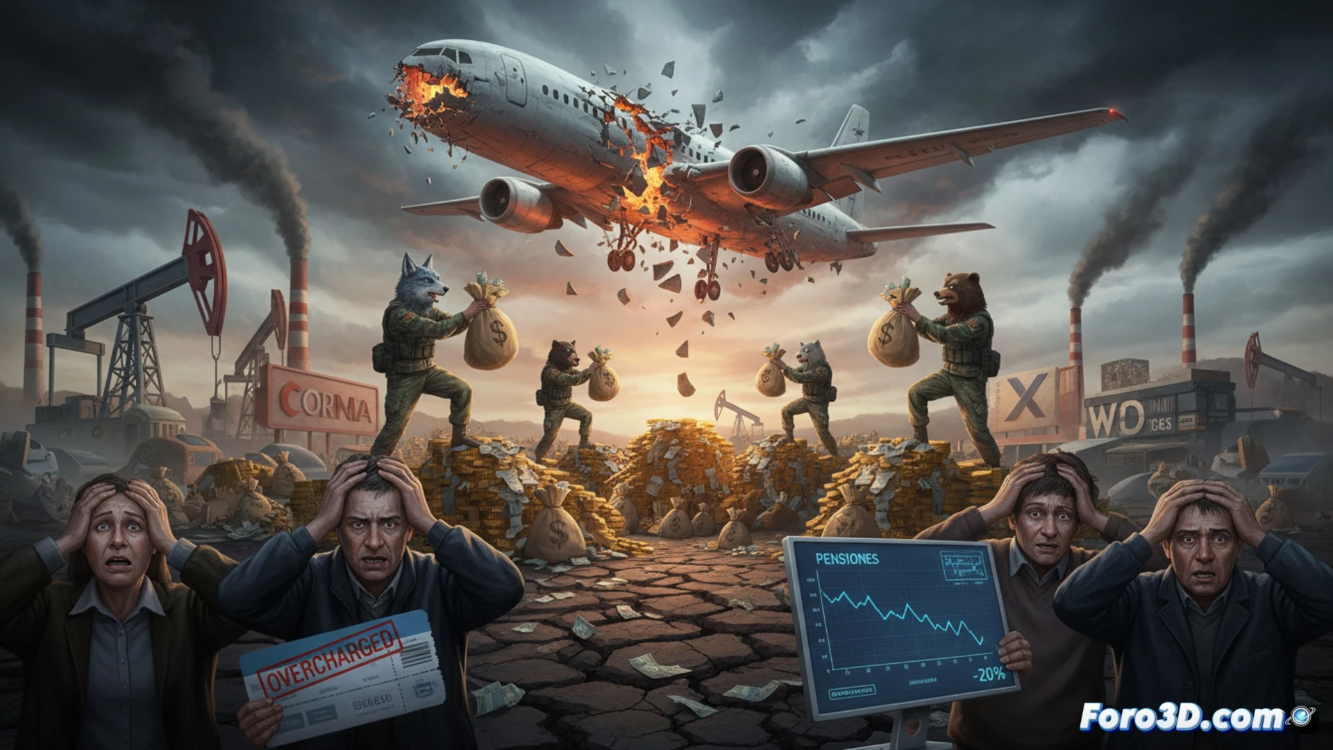 airline stock market crash visualization, IAG Lufthansa Air France-KLM stock tickers plummeting on multiple trading screens, fuel surcharge price tags floating above boarding gates while crude oil barrel icons stabilize, shadowy hedge fund figures buying discounted shares during panic sell-off, passengers paying inflated ticket prices with pension fund documents burning in background, cinematic technical illustration style, dark blue and red financial dashboard lighting, realistic stock chart candlestick patterns, metallic exchange floor atmosphere, ultra-detailed trading terminals showing falling numbers, photorealistic economic thriller render