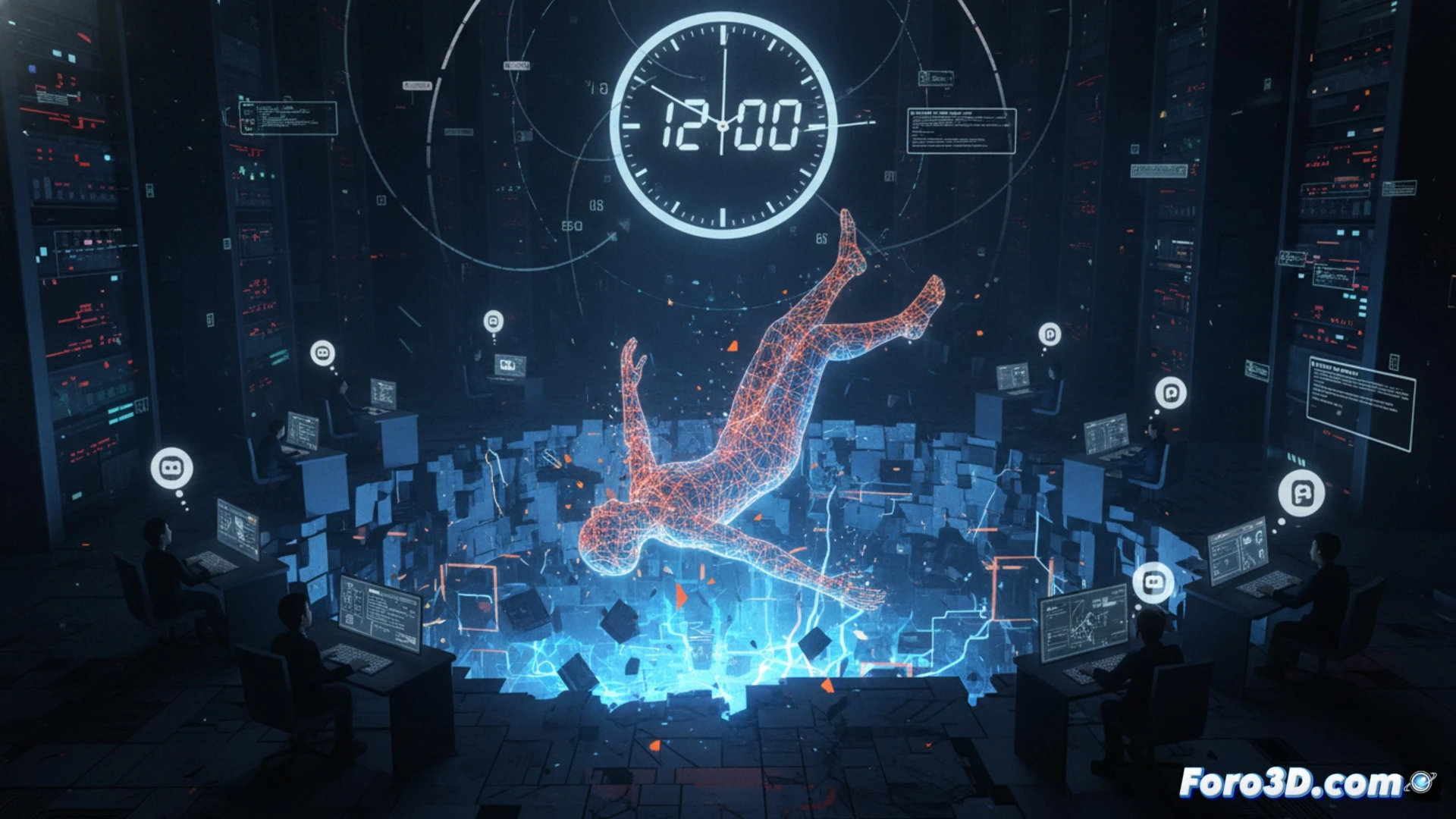 Digital workspace interface showing a ghostly Claude AI assistant window fading into transparency, user cursor hovering over empty Notion document, clock icon displaying 12-hour countdown, fragmented data particles drifting upward, warning notification symbol pulsing in corner, cinematic technical illustration style, dark mode UI with blue and red error highlights, glassmorphism effects on interface panels, photorealistic screen glow, subtle grid lines indicating dependency infrastructure, dramatic shadow from suspended AI icon, ultra-detailed pixel-level rendering