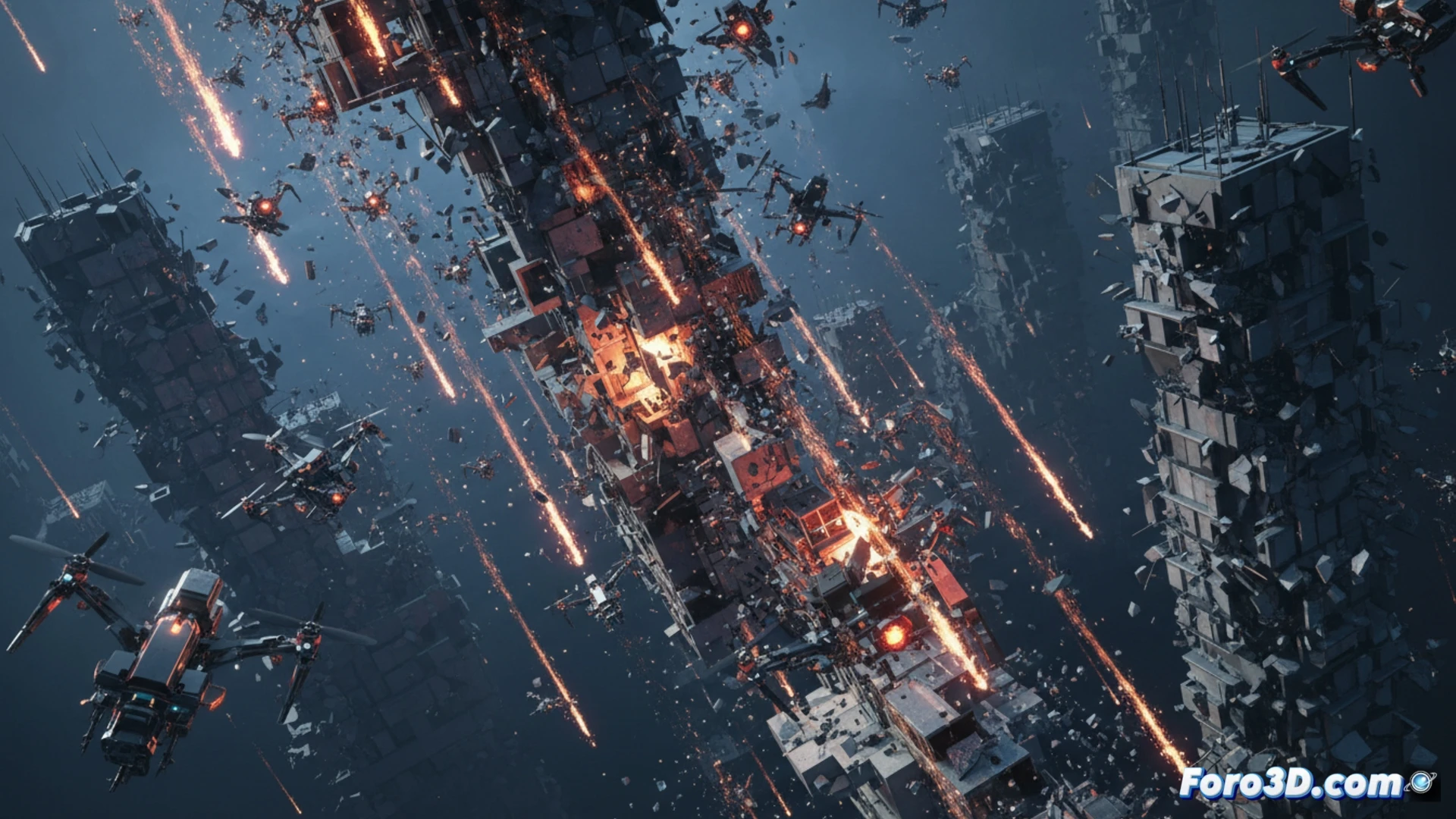 Simulación 3D de enjambre de drones colapsando en cascada sobre una ciudad futurista con explosiones