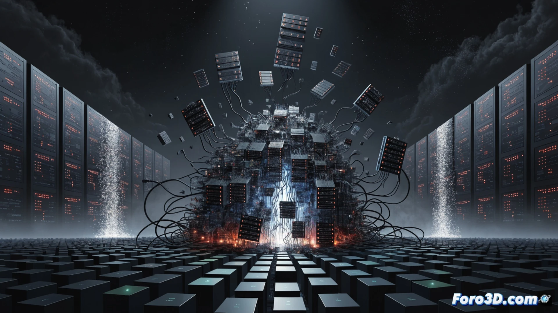 Cinematic technical illustration of a fractured digital infrastructure, giant smartphone screens showing WhatsApp and Instagram logos cracking like glass, digital cables severed mid-air sparking with red warning indicators, silhouetted users reaching toward blank screens with no connection, network nodes fading into darkness across a wireframe globe, photorealistic render with dramatic shadows, glowing error symbols floating in space, metallic server racks collapsing in the background, ultra-detailed hardware components showing disconnected data streams, high-contrast industrial lighting emphasizing isolation and fragility