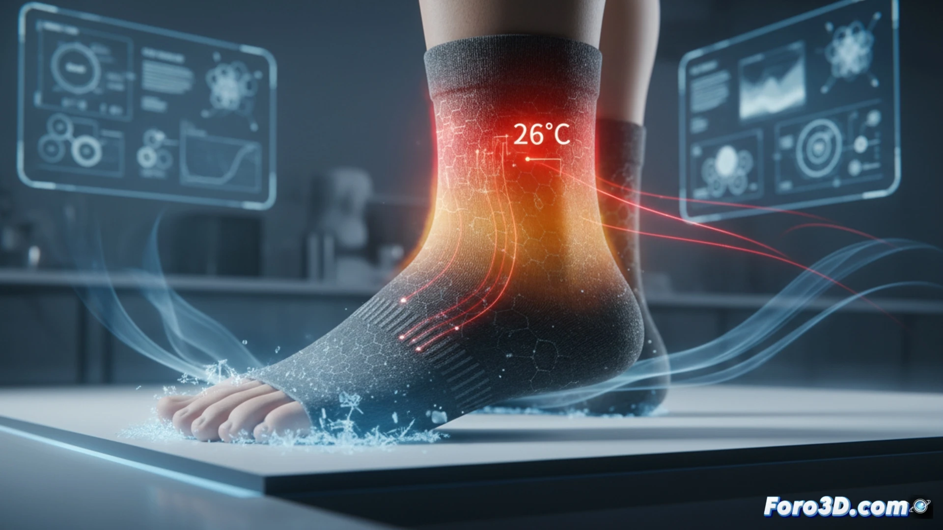 cross-section view of a technical sock showing graphene thread pathways weaving from the sole to the ankle, infrared heat mapping overlay demonstrating thermal energy flow, red-to-blue gradient indicating cooling at the footpad and warmth concentrated at the ankle zone, digital thermometer display hovering at 26 degrees Celsius, fabric layers partially peeled back revealing integrated graphene filaments, engineering visualization style, photorealistic textile fibers with metallic sheen, soft studio lighting, precise technical illustration, materials science aesthetic