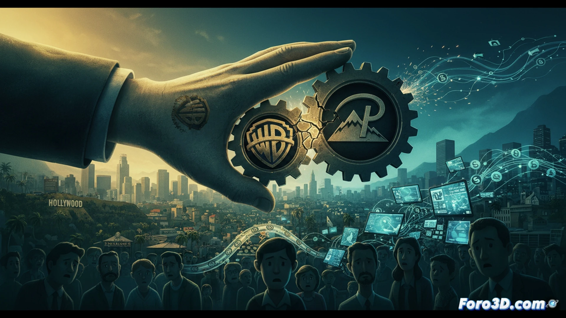 A massive Hollywood studio lot split in two by a glowing digital crack, Warner Bros and Paramount logos crumbling into pixels on opposite sides, a giant gavel suspended mid-swing above a stack of legal documents labeled with antitrust seals, streaming platform icons flickering and fading in the background, cinematic photorealistic style, dramatic courtroom lighting, cold blue and amber tones, motion blur on the falling debris, ultra-detailed concrete and steel structures, technical visualization of market fragmentation, high-contrast shadows emphasizing the fracture