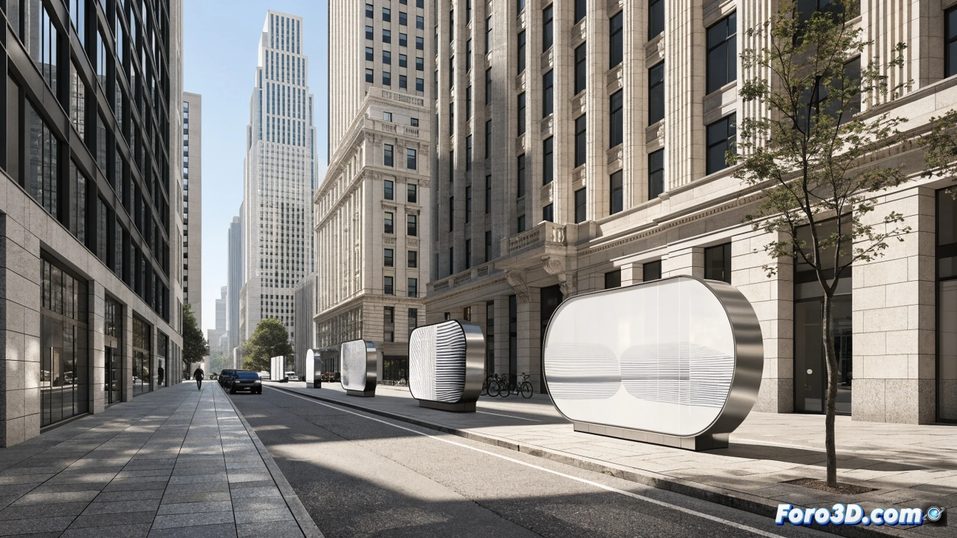 photorealistic urban scene showing workers removing cluttered billboards from a city street, one worker using a power drill to detach a metal signpost while another carries a rolled-up vinyl advertisement, a third worker adjusting a digital display panel with a tablet, clean minimalist architecture in background, empty public benches and pedestrians walking freely, sunlight casting soft shadows on orderly pavement, cinematic wide-angle shot, muted grey and blue tones, technical illustration style, highlighting the transition from visual chaos to organized public space, ultra-detailed building facades, no text or numbers visible