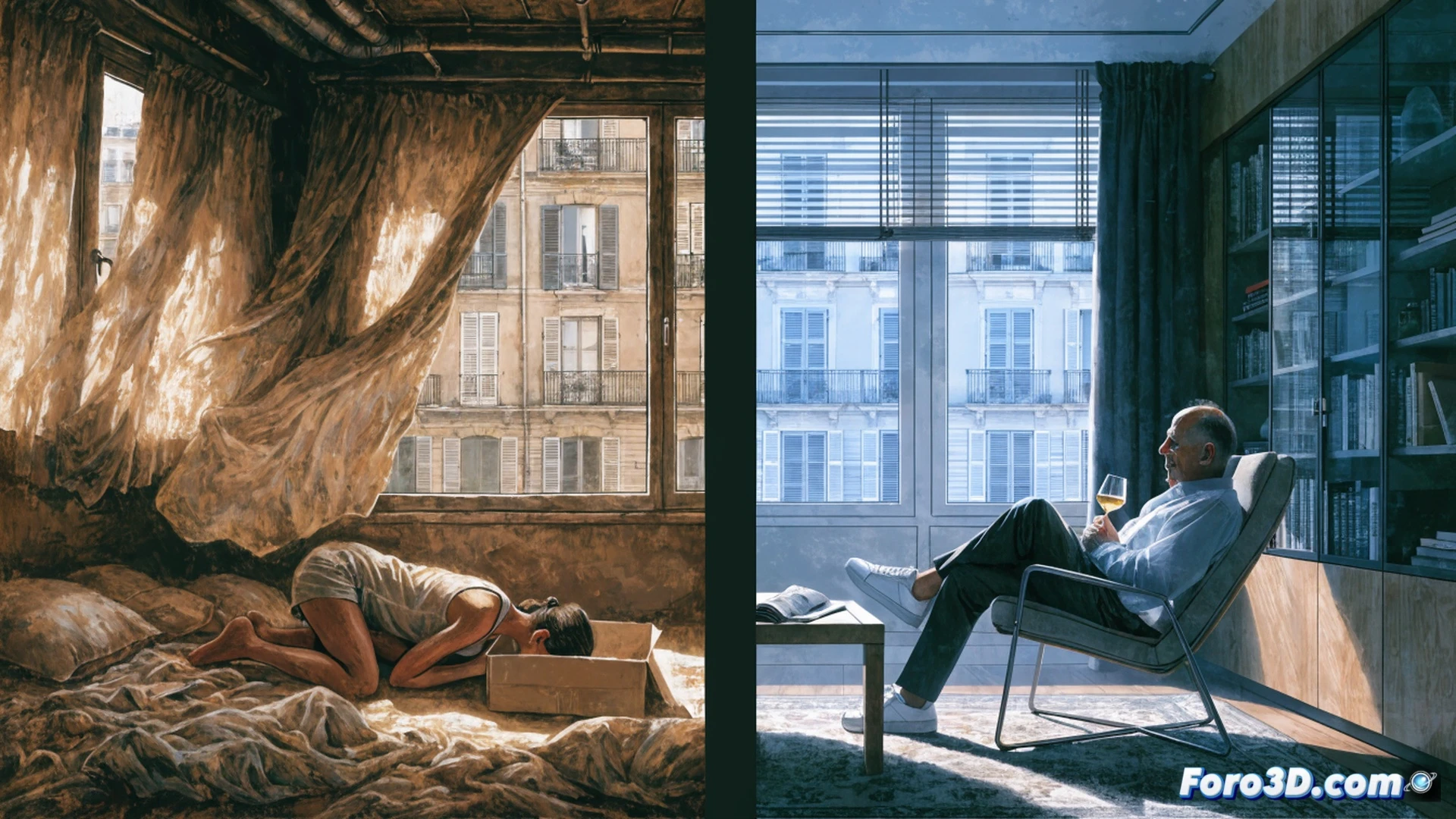 French apartment interior during extreme heatwave, elderly tenant fanning themselves while looking at unshaded windows, sunlight pouring through bare glass, no exterior blinds or shutters visible, thermometer showing 40 degrees Celsius on wall, landlord figure blurred in background holding keys near door, cracked paint on ceiling, peeling wallpaper, minimalist cheap furniture, dramatic contrast between bright sunlit areas and dark shadows, photorealistic architectural visualization, cinematic lighting, sweat droplets visible on skin, technical detail of window frame lacking any solar protection device, ultra-realistic texture of heat haze distorting view, documentary-style composition, urgent atmosphere