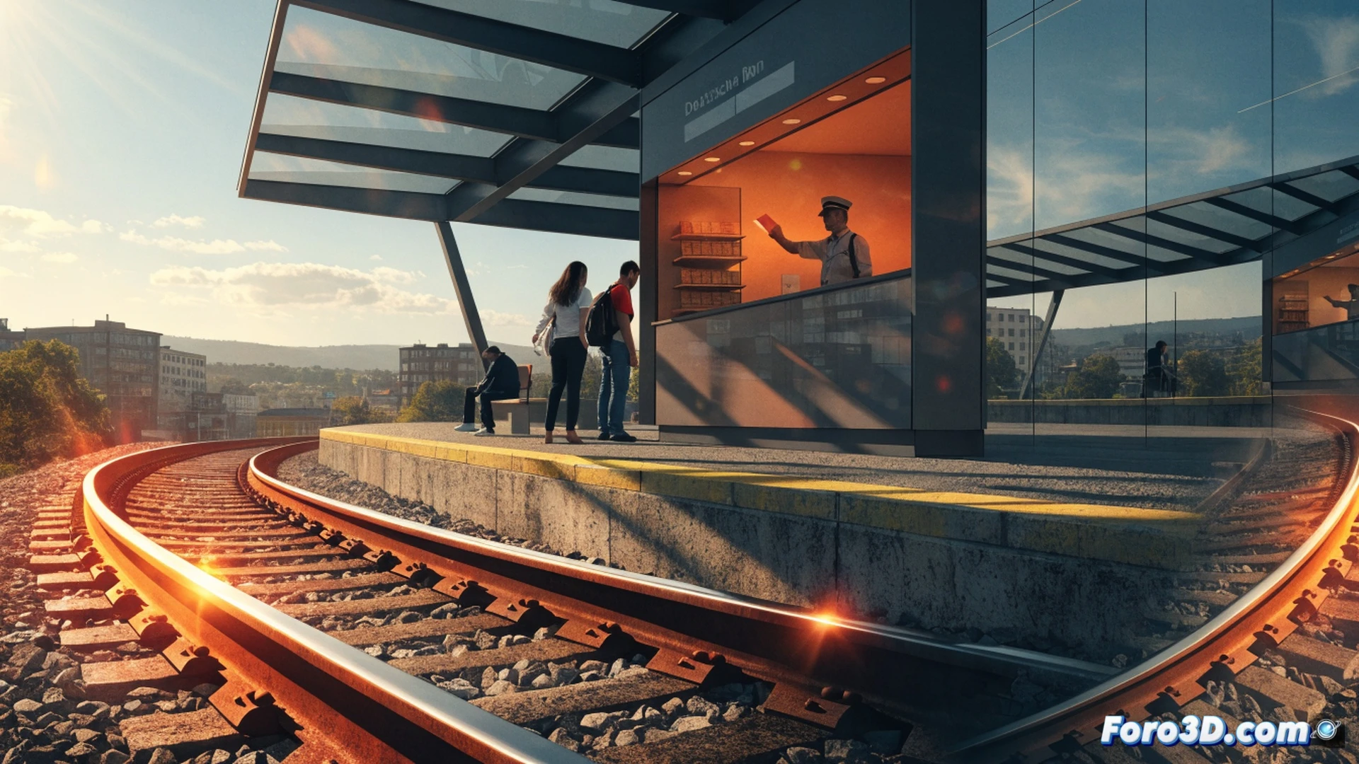 Deutsche Bahn railway track section visibly deformed by extreme heat, rails buckling upward in waves, cracked concrete sleepers displaced, workers in orange vests inspecting damage with digital tablets showing temperature warnings, train stopped in background, passengers visible through windows looking frustrated, heat haze rising from gravel, tools like rail thermometers and hydraulic jacks on ground, cinematic engineering visualization, photorealistic industrial lighting, ultra-detailed rail infrastructure, dramatic contrast between blue sky and scorched steel, technical documentation style