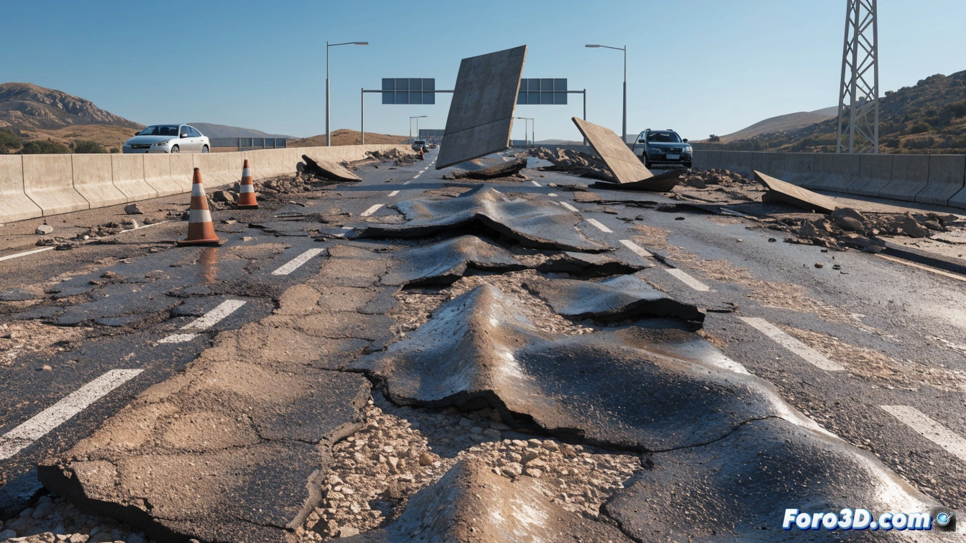 photorealistic wide shot of spanish highway A2 asphalt pavement cracking and buckling under extreme heat, large concrete slabs lifting and splitting open, shimmering heat waves distorting the road surface, a warning triangle and orange traffic cone placed near the damaged section, distant cars slowing down with hazard lights blinking, dry yellow grass on the roadside, intense sunlight casting harsh shadows, cinematic engineering visualization, dramatic summer lighting, ultra-detailed cracked asphalt texture, emergency repair scene, no text or numbers in image