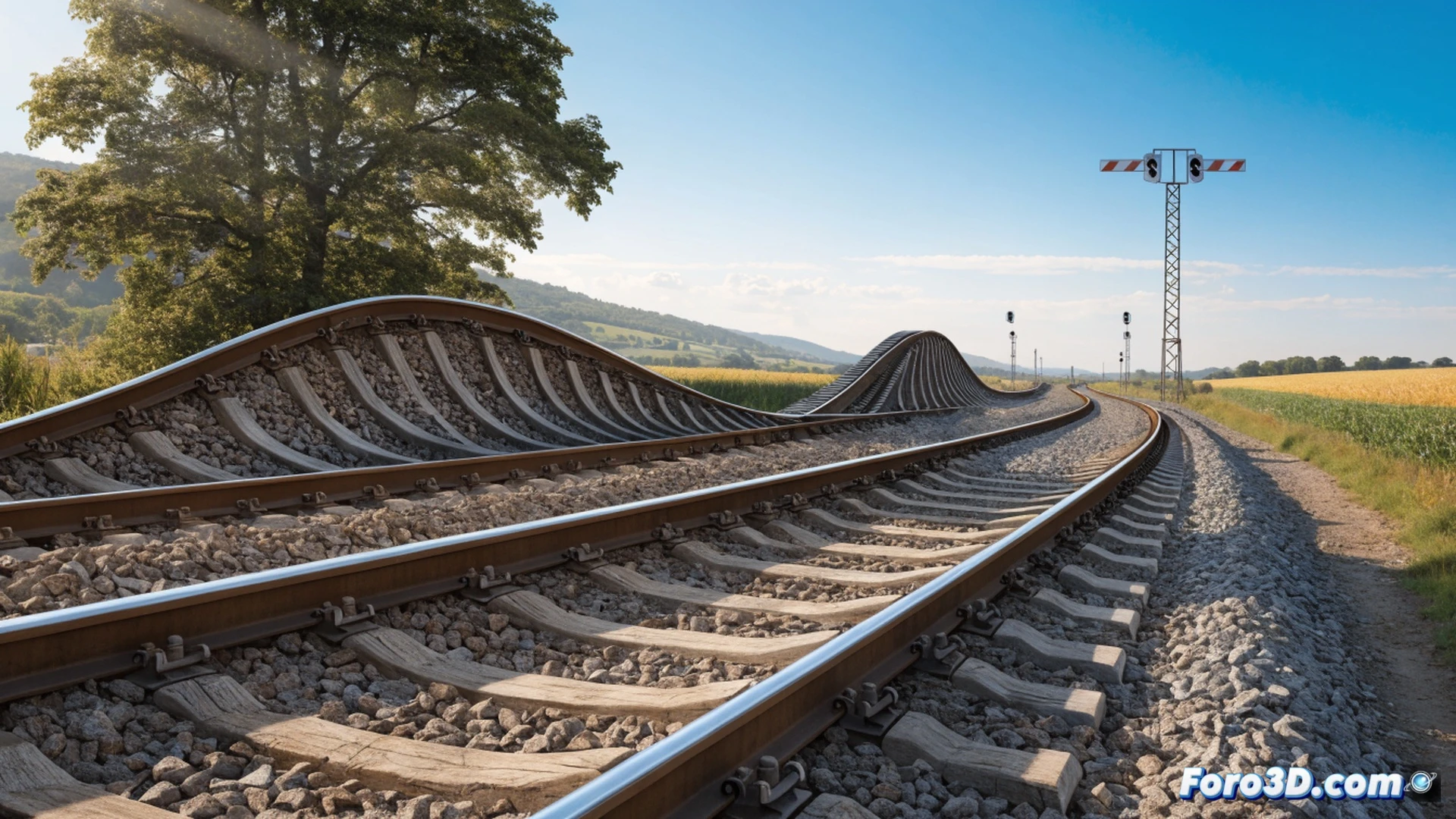 German railway track section under extreme heat, steel rails visibly buckling and deforming upward while maintenance workers inspect damaged segments with handheld thermal imaging cameras, measuring rail temperature with digital gauges, warning signs placed beside twisted tracks, heat haze rising from gravel ballast, distant train stopped due to safety hazard, cinematic engineering visualization, bright sunlight casting harsh shadows, realistic metallic reflections, photorealistic technical render, dramatic industrial heat distortion