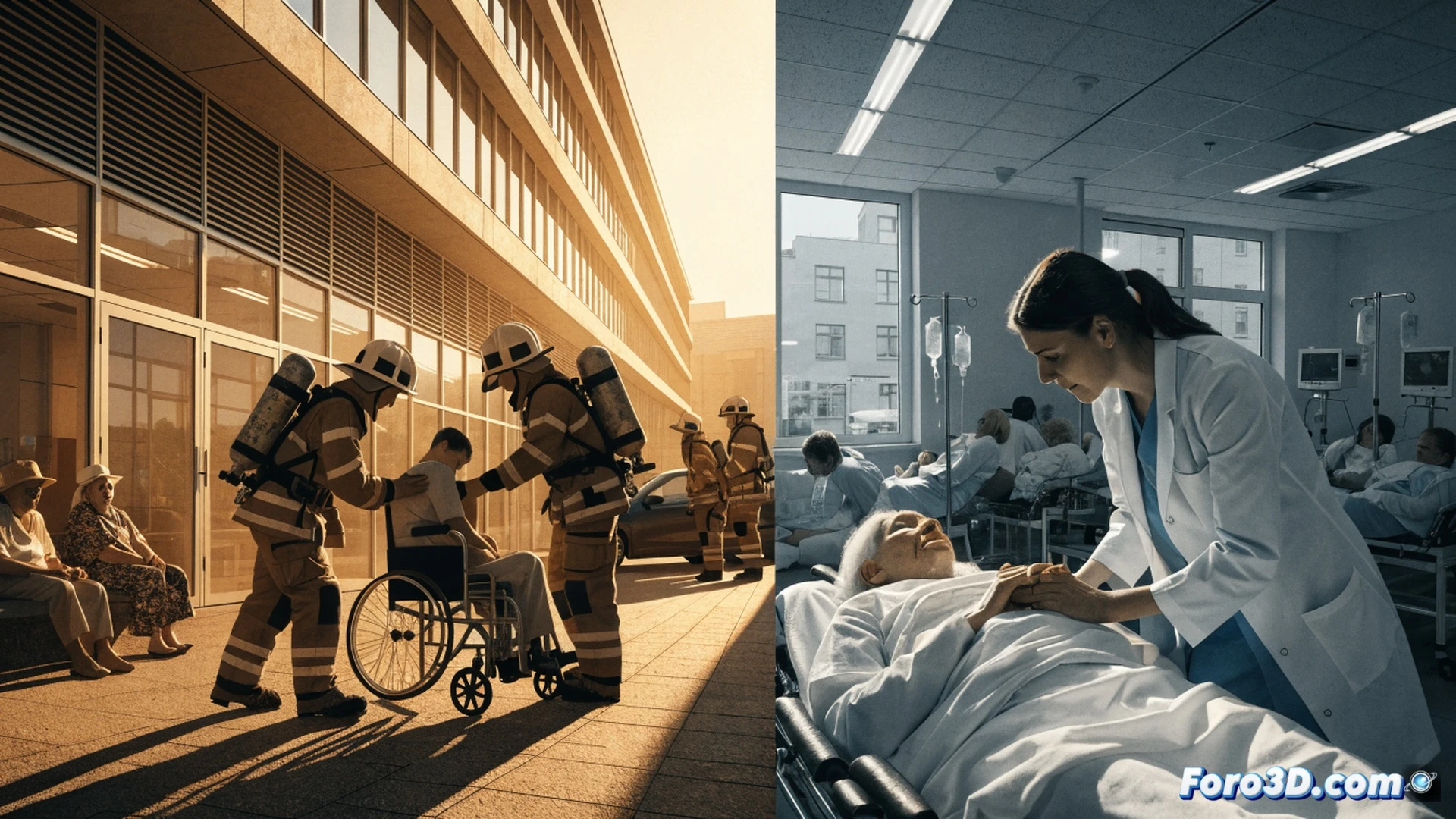 photorealistic scene of an ambulance stuck in extreme heat traffic jam on a German city street, paramedics in reflective vests tending to an elderly patient on a stretcher under a red heat warning digital billboard showing 42°C, firetruck with flashing lights blocked by congestion, hospital entrance visible with exhausted medical staff in scrubs, sweat droplets on faces, heat haze distorting buildings, emergency vehicle exhaust pipes emitting visible hot air, cinematic lighting with harsh midday sun, ultra-detailed medical equipment and vehicle textures, dramatic crisis atmosphere