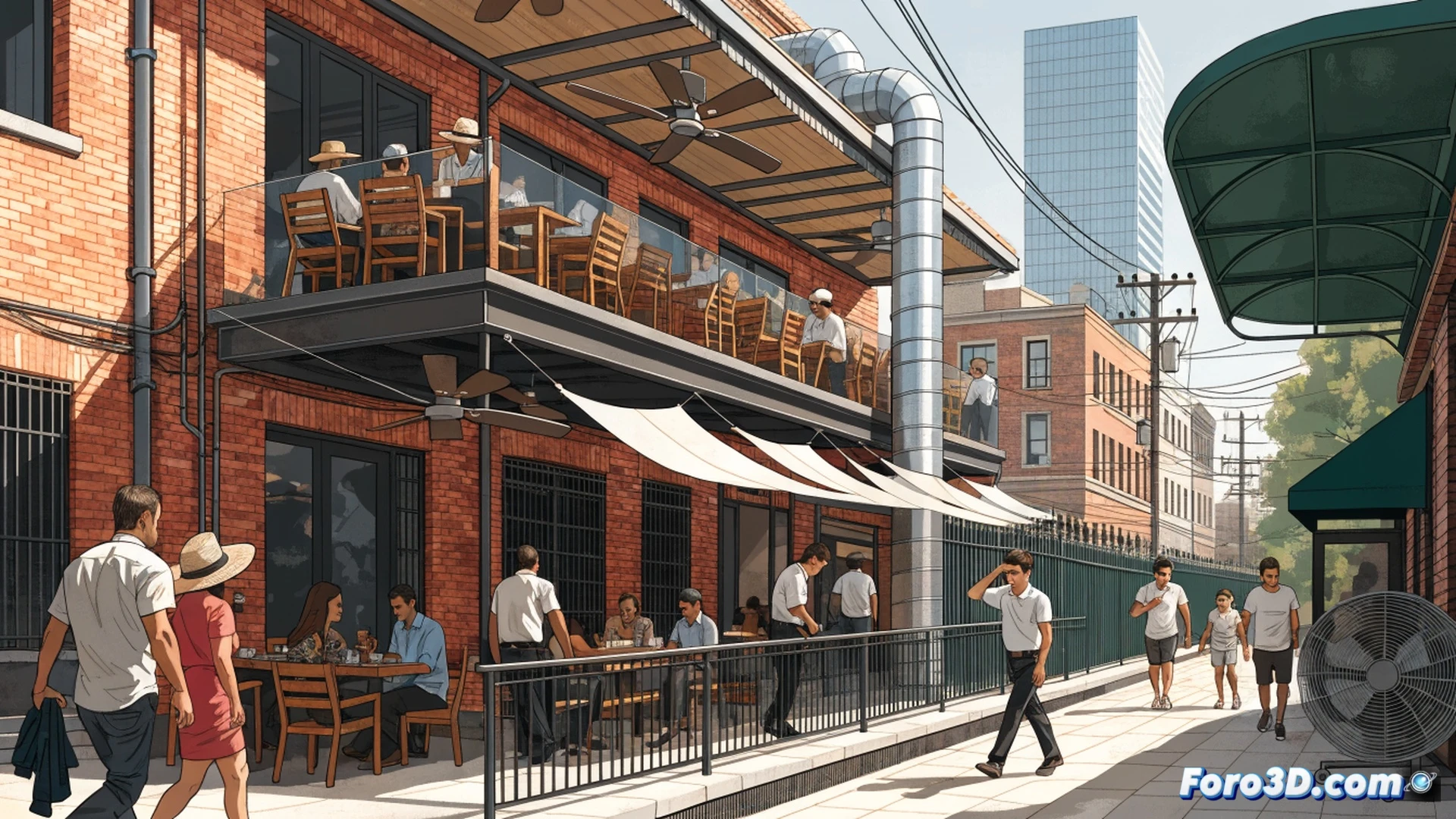 Sun-baked terrace with empty tables and chairs, metal umbrella frames casting sharp shadows, portable industrial fans running at high speed, worker spraying fine water mist over pavement, digital thermometer showing 42°C, red alert warning icon on a tablet screen, closed sign on restaurant door, legal document with penalty clause visible on clipboard, cinematic photorealistic style, harsh midday sunlight, heat haze rising from asphalt, dramatic contrast between shaded and exposed areas, ultra-detailed textures of hot metal and fabric, technical illustration of workplace safety enforcement