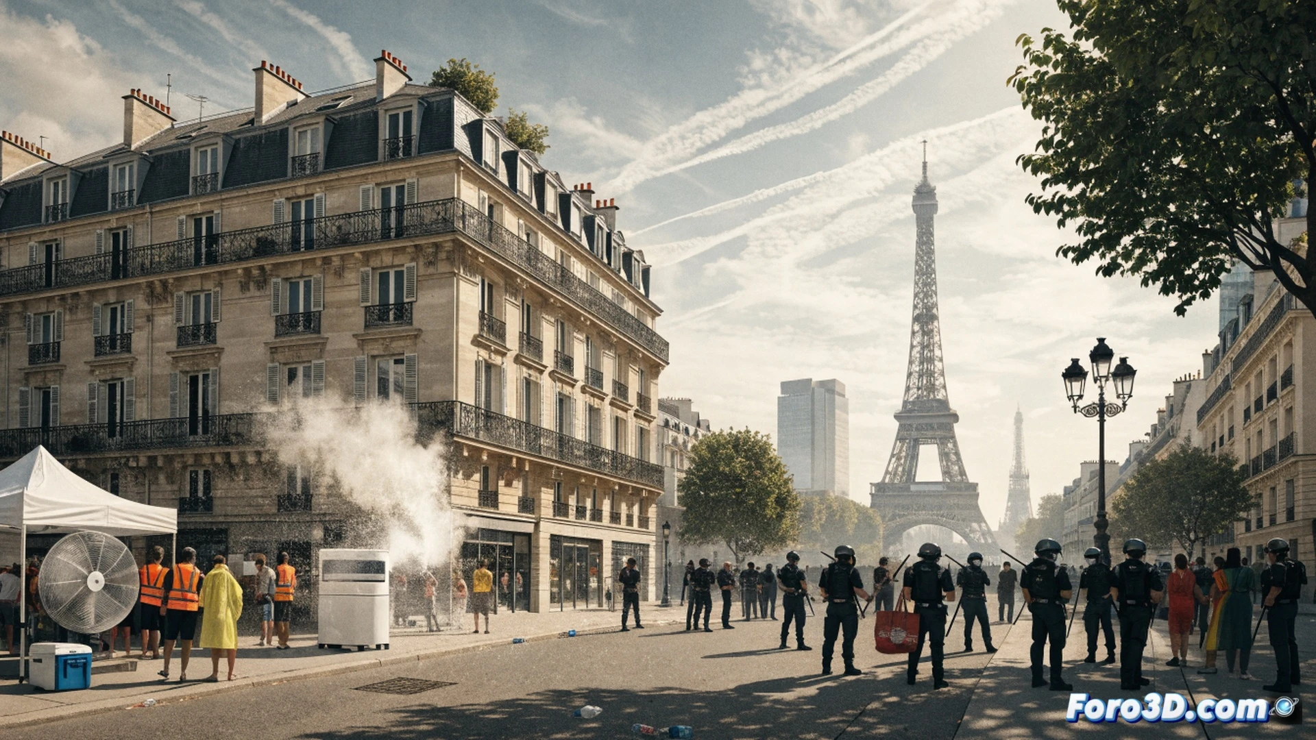 Paris street scene during extreme heatwave, city emergency services overwhelmed, a large digital thermometer display showing 42°C on a public building, paramedics in heat-protective gear attending to a collapsed person on the sidewalk, a group of LGBTQ+ activists holding rainbow flags but halting their march under police barricades, police officers gesturing to stop the parade, water misting stations set up, heat haze distorting the background buildings, dramatic golden sunlight casting long harsh shadows, photorealistic urban documentary style, high detail on medical equipment and urban infrastructure, cinematic wide-angle composition