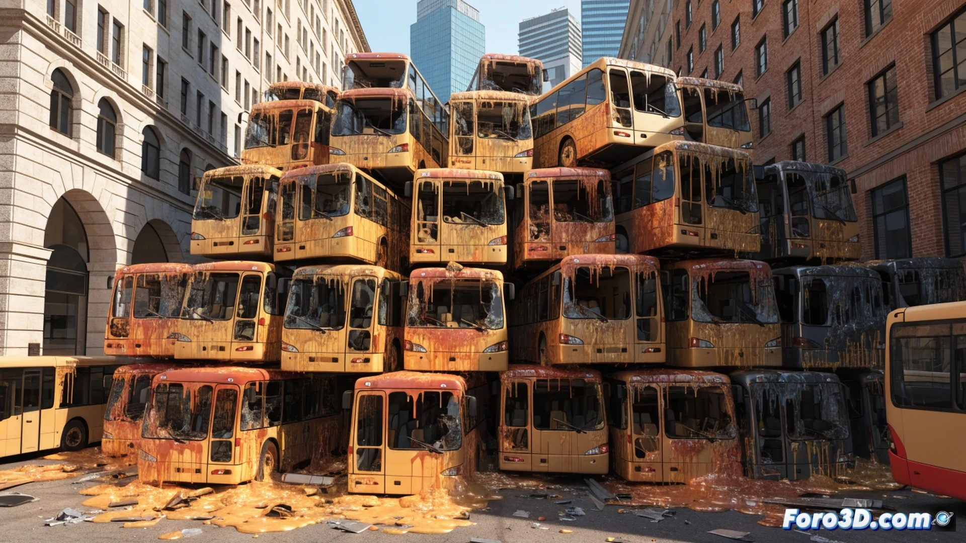Urban bus depot during extreme heatwave, multiple buses with warped melted body panels and sagging roofs, hoods open revealing overheated engines with steam rising, mechanics in reflective vests inspecting cracked radiators and melted wiring, digital diagnostic tablets showing critical temperature warnings, asphalt surface shimmering with heat haze, 16% of fleet disabled sign visible on clipboard, cinematic photorealistic engineering visualization, harsh midday sun casting sharp shadows, industrial concrete surroundings, dramatic heat distortion effects, ultra-detailed mechanical failure documentation style