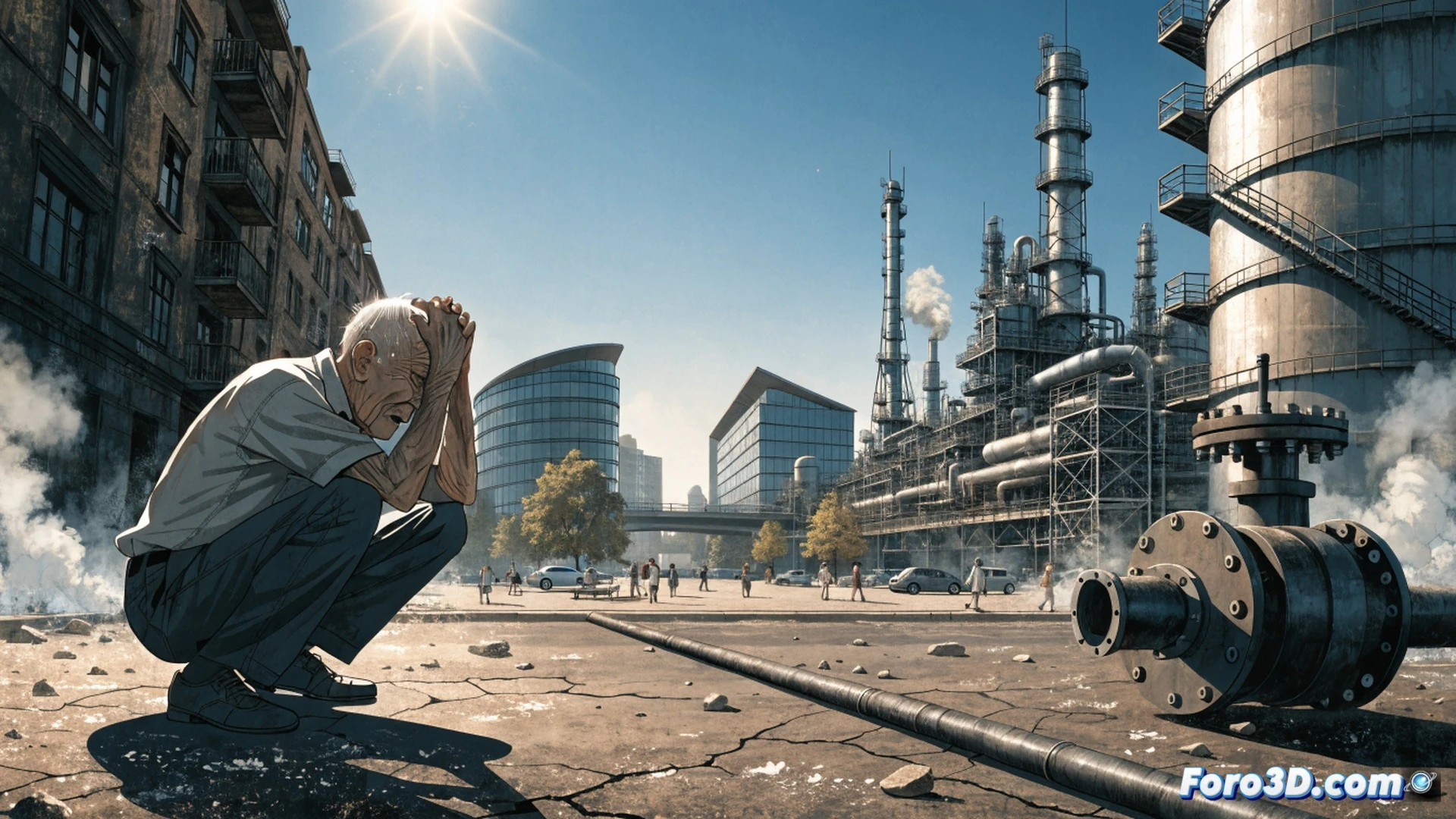 industrial cityscape under extreme heatwave, thermometer on building facade showing 48 degrees Celsius, workers collapsing on sun-baked asphalt while oil refinery chimneys pump black smoke into orange sky, split-screen contrast between corporate headquarters with air conditioning units glowing red and cracked earth beneath, heatwaves distorting skyscraper edges, heavy machinery digging new oil wells in background, cinematic photorealistic engineering visualization, dramatic apocalyptic lighting, smoke particles suspended in superheated air, ultra-detailed industrial textures, thermal camera color grading with deep reds and charred blacks