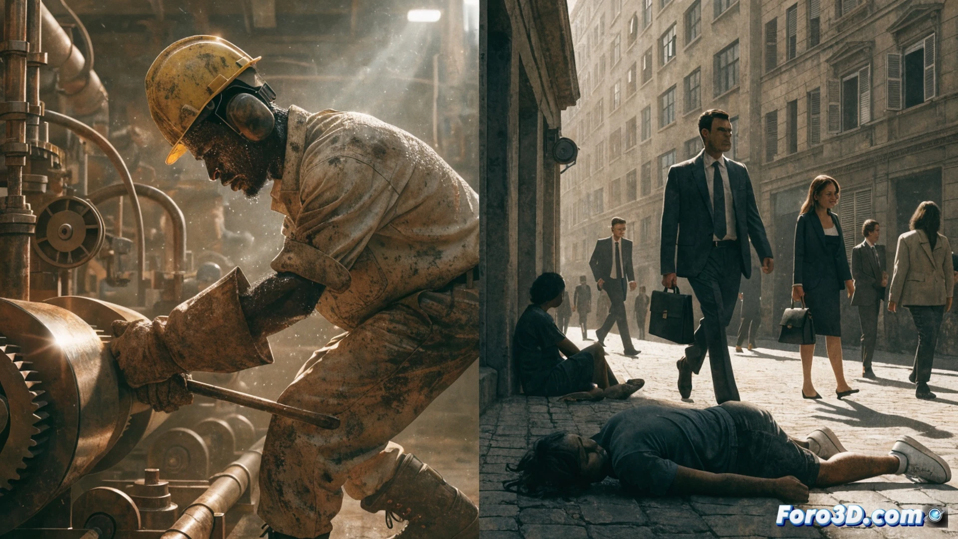 photorealistic cinematic scene of a construction worker collapsing under extreme heat, sweat dripping from face onto hot asphalt, digital thermometer on hard hat showing 42 degrees Celsius, water bottle empty on ground, factory smokestacks in background emitting heat waves, supervisor checking production tablet ignoring worker, dramatic low-angle sunlight, hyper-detailed skin texture, industrial haze, oppressive atmosphere, technical illustration style